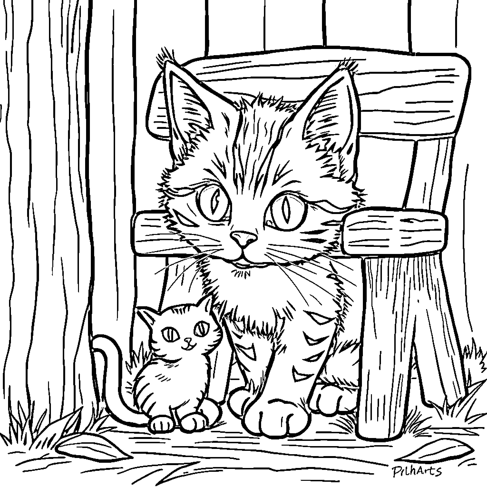 Cat and Kitten Hiding Behind Wooden Log Coloring Page (free black-and-white line drawing printable PDF for all, from beginners to advanced learners, including children, teens, adults, and seniors)