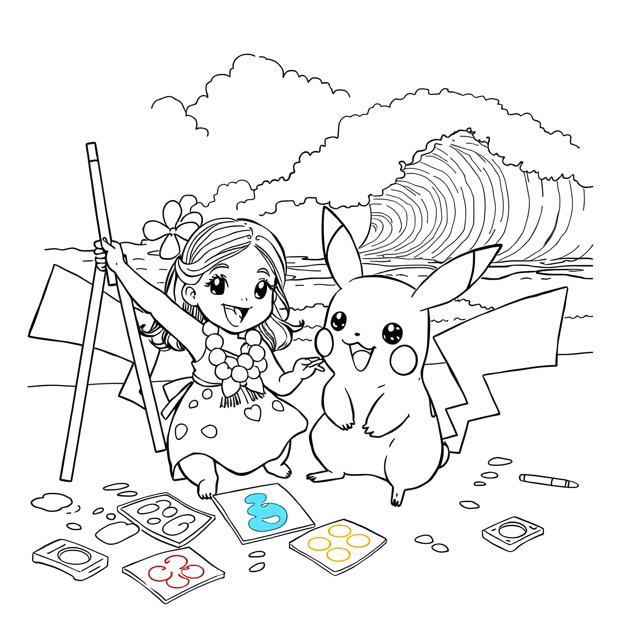 Pikachu helping a girl paint an artwork together Coloring Page (free black-and-white line drawing printable PDF for all, from beginners to advanced learners, including children, teens, adults, and seniors)