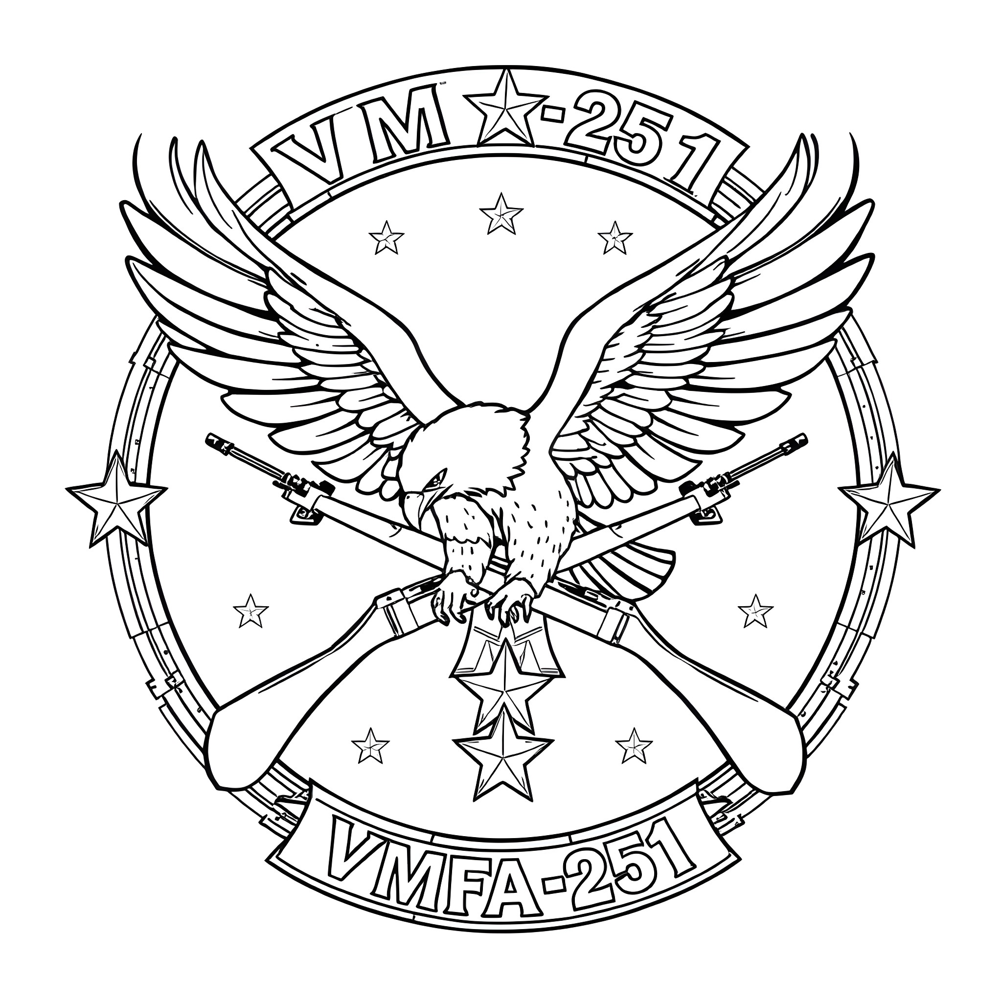 Vmfa-251 Bald Eagle with Crossed Rifles and Stars Coloring Page (free black-and-white line drawing printable PDF for all, from beginners to advanced learners, including children, teens, adults, and seniors)