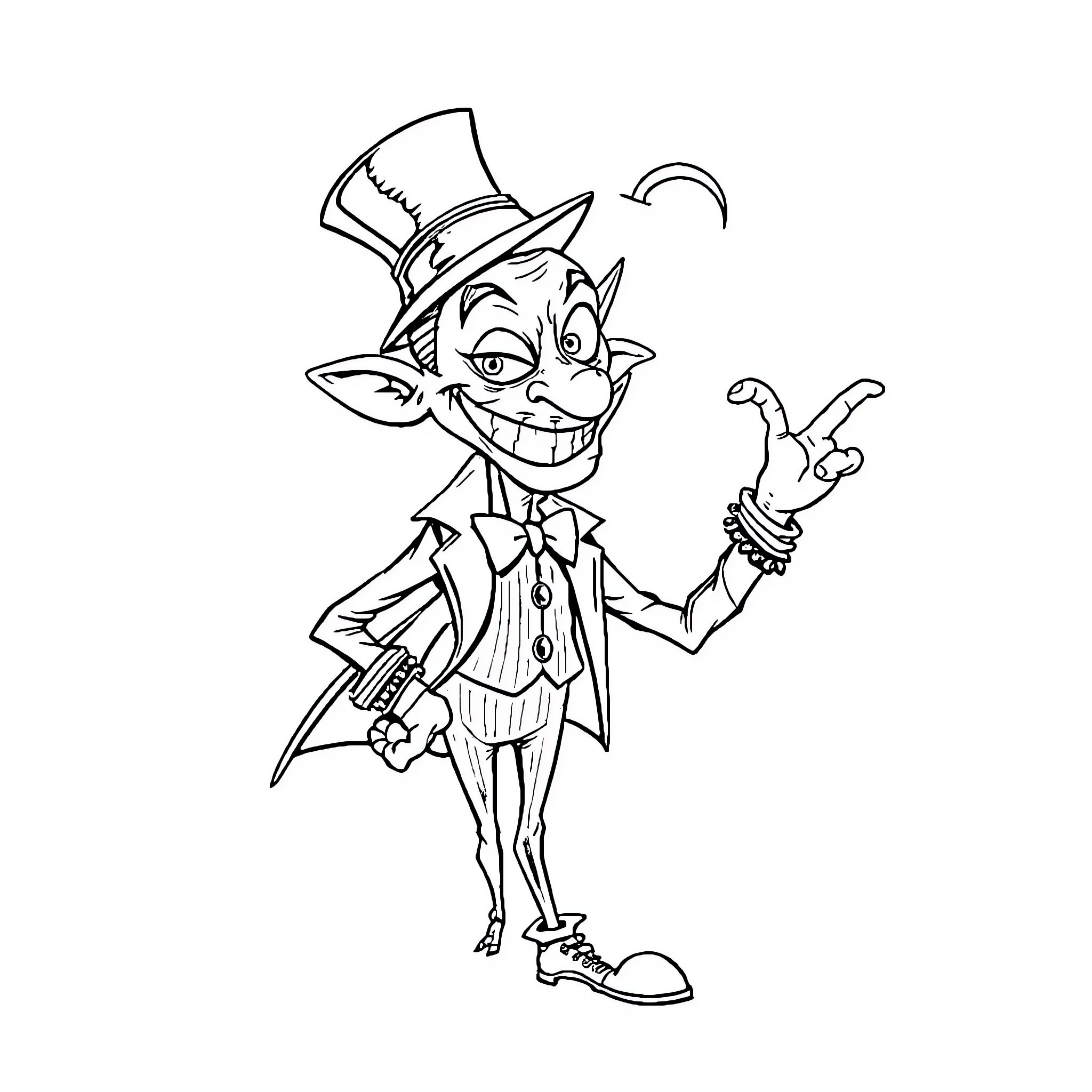 Dandy Trickster in Whimsical Attire Coloring Page (free black-and-white line drawing printable PDF for all, from beginners to advanced learners, including children, teens, adults, and seniors)