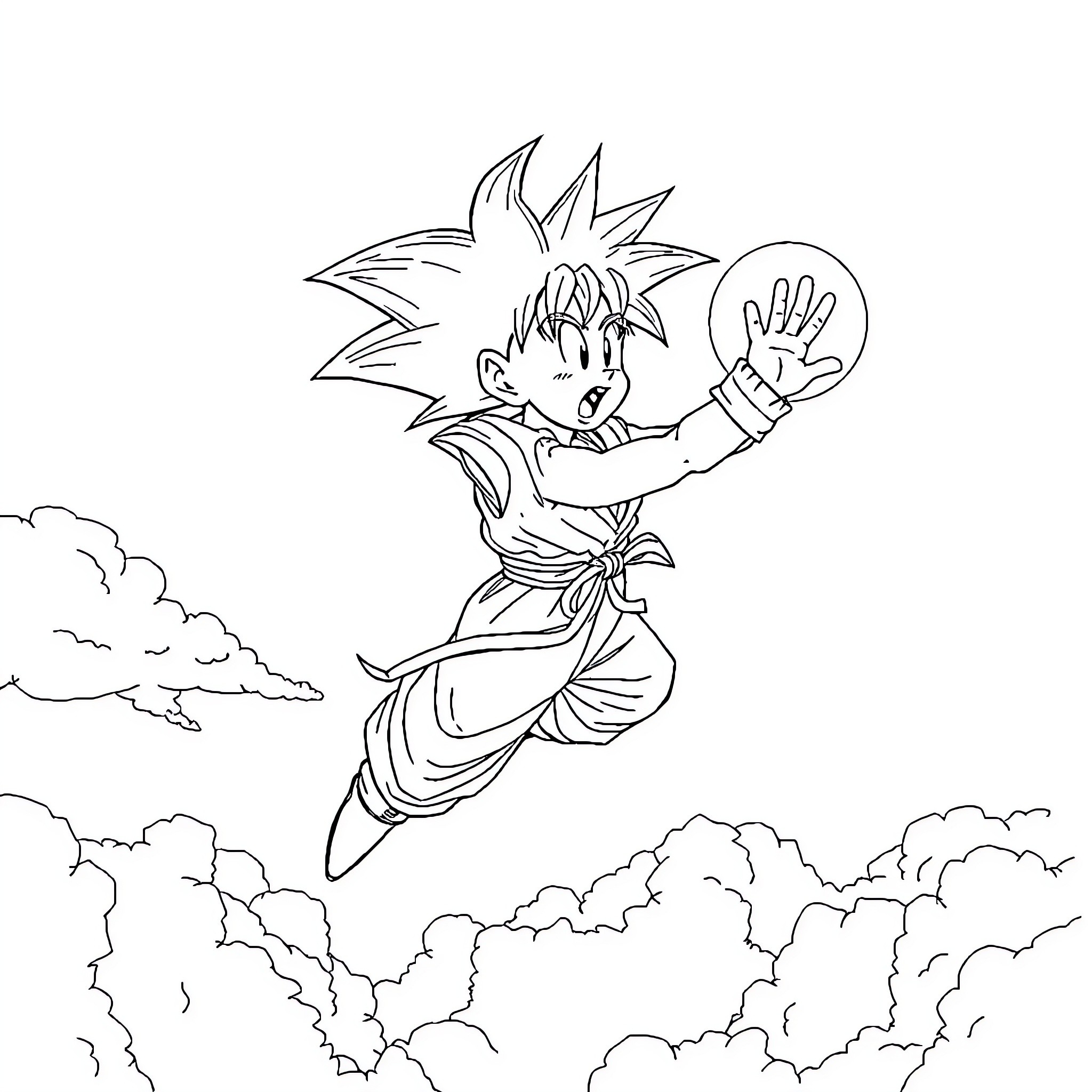 Goku in mid-air combat stance Coloring Page (free black-and-white line drawing printable PDF for all, from beginners to advanced learners, including children, teens, adults, and seniors)