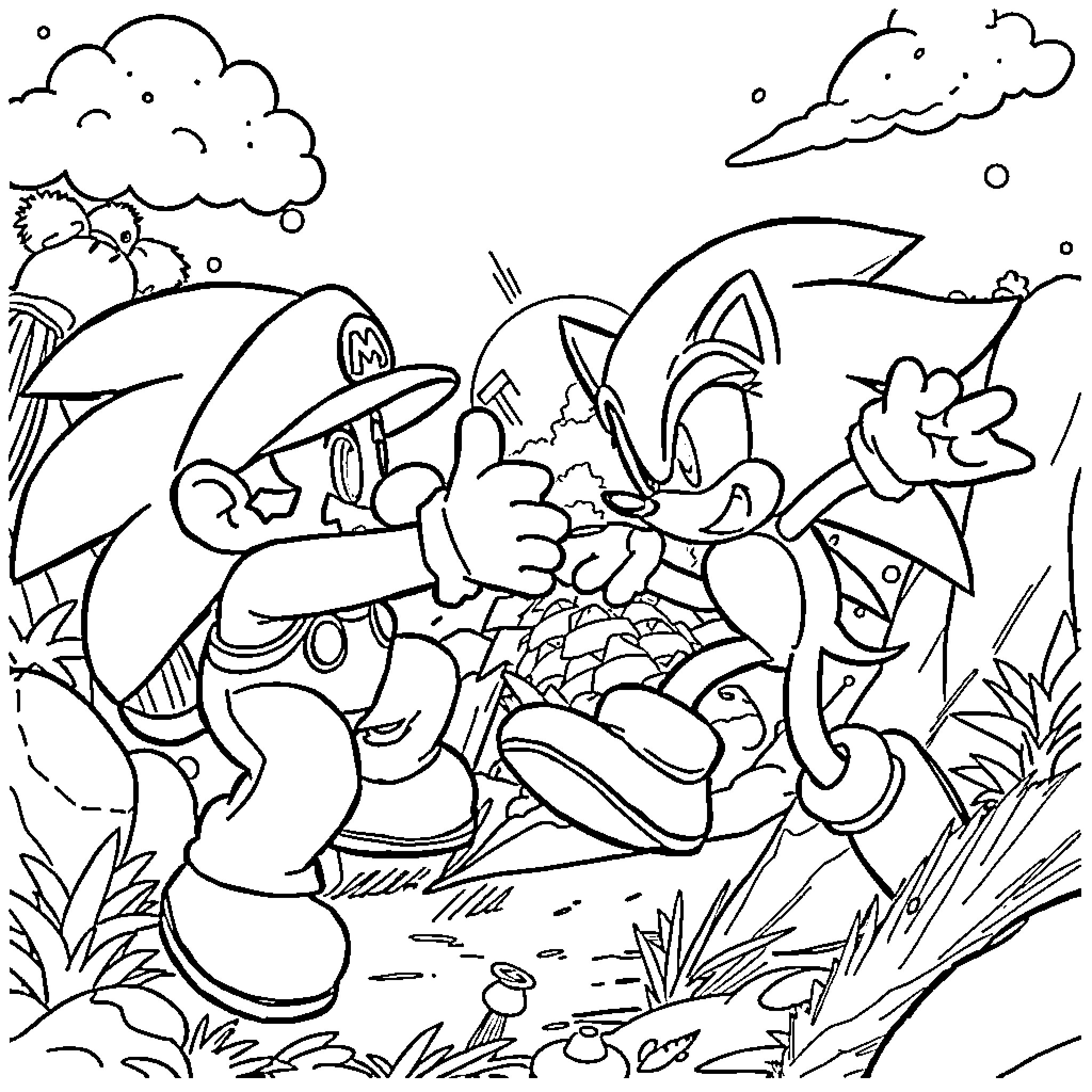 Mario and Sonic's Adventurous Encounter Coloring Page (free black-and-white line drawing printable PDF for all, from beginners to advanced learners, including children, teens, adults, and seniors)