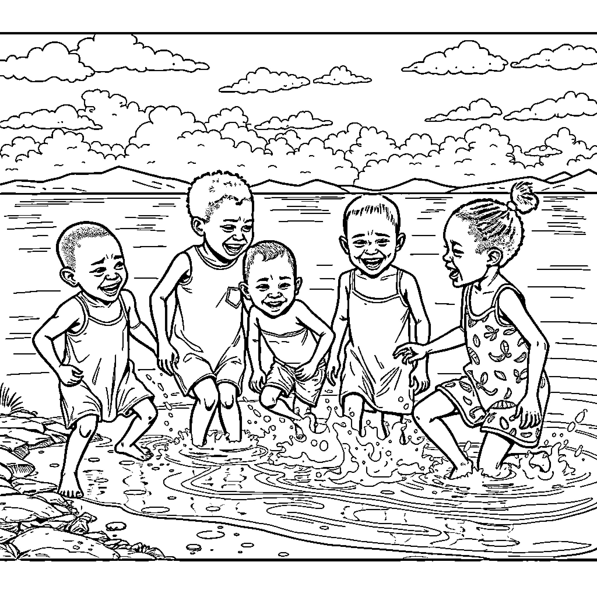 Kids playing joyfully in the lake Coloring Page (free black-and-white line drawing printable PDF for all, from beginners to advanced learners, including children, teens, adults, and seniors)