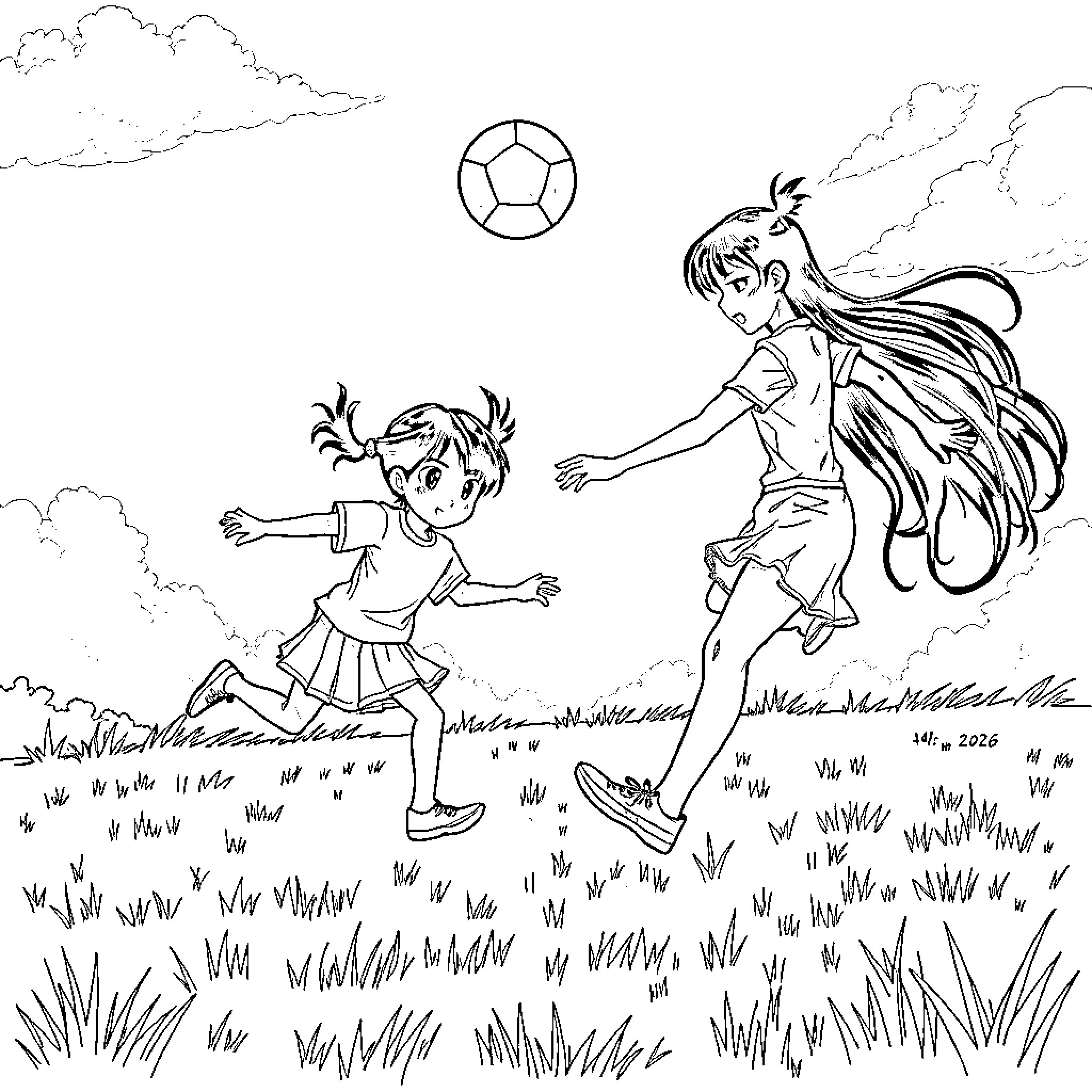 Ball-playing girls enjoying outdoor adventure Coloring Page (free black-and-white line drawing printable PDF for all, from beginners to advanced learners, including children, teens, adults, and seniors)