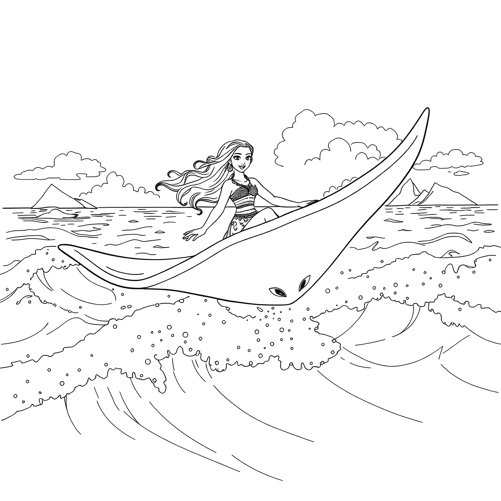 Moana riding a wave in the ocean Coloring Page (free black-and-white line drawing printable PDF for all, from beginners to advanced learners, including children, teens, adults, and seniors)