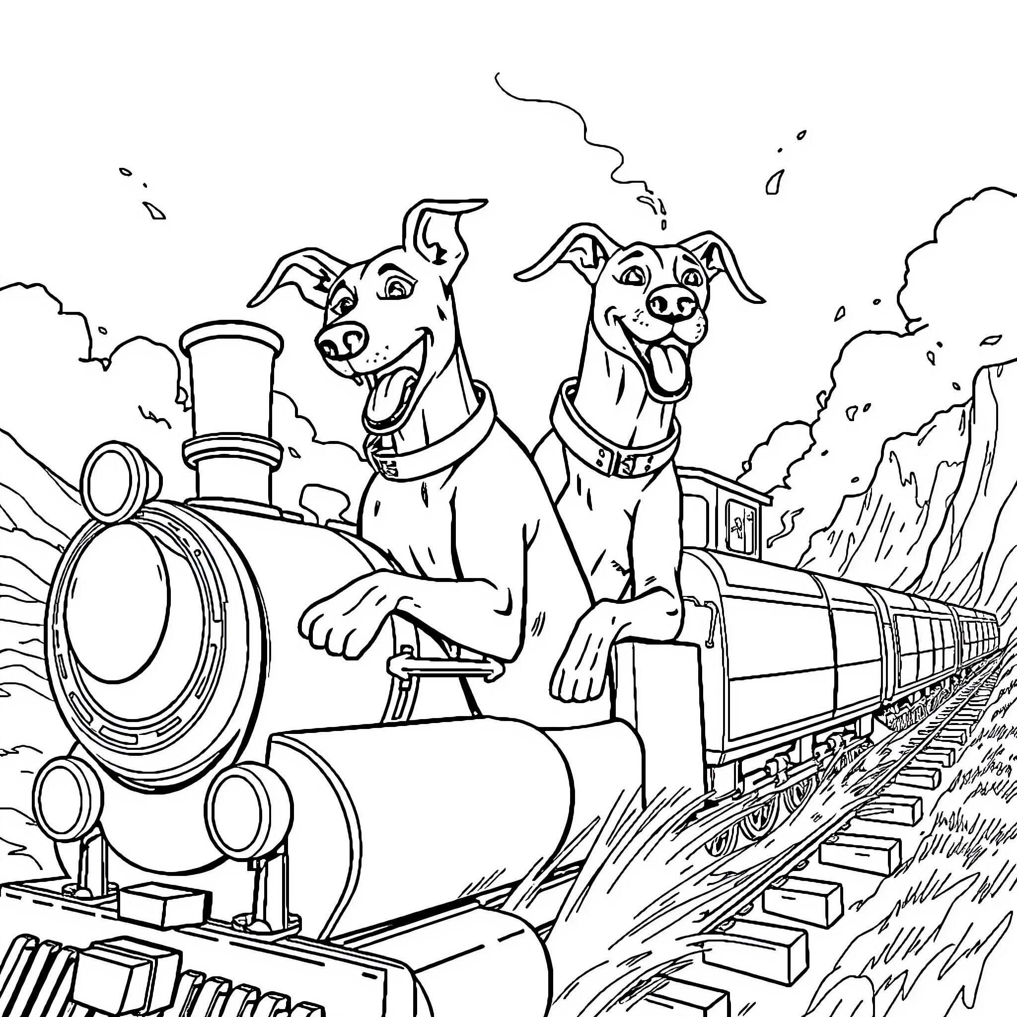 Dogs riding on a steam locomotive Coloring Page (free black-and-white line drawing printable PDF for all, from beginners to advanced learners, including children, teens, adults, and seniors)
