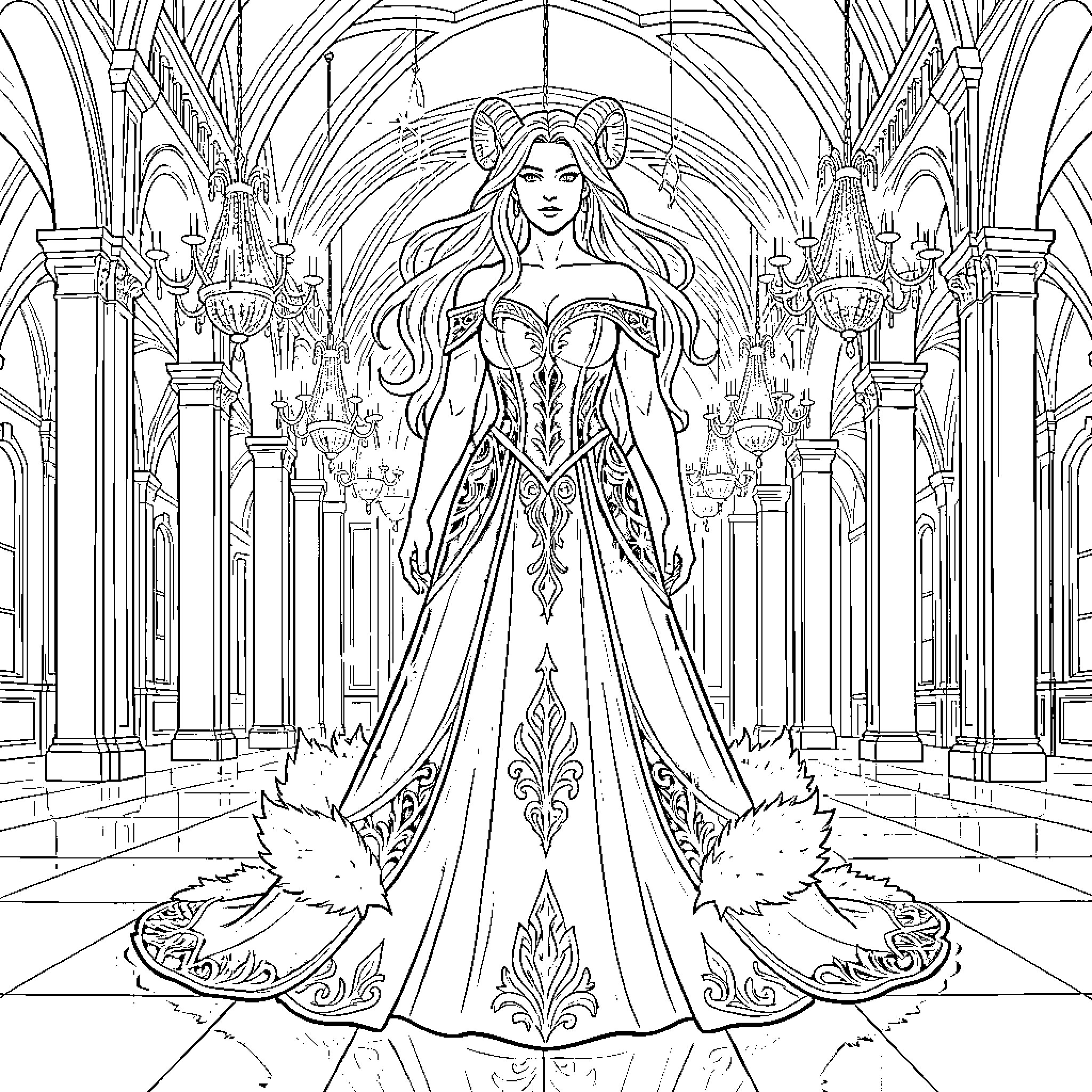 Figure of a woman in a gown standing in a hall Coloring Page (free black-and-white line drawing printable PDF for all, from beginners to advanced learners, including children, teens, adults, and seniors)