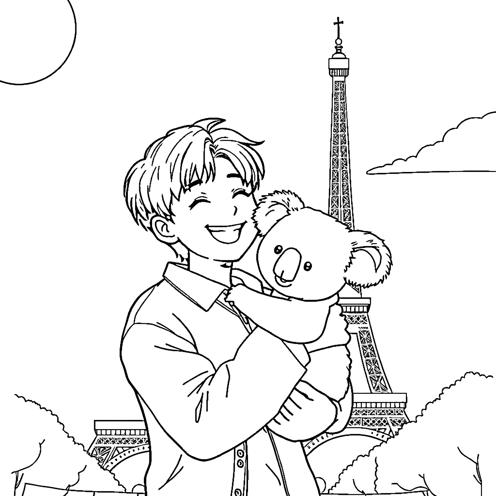 Namjoon's joyful moment with a koala in Paris Coloring Page (free black-and-white line drawing printable PDF for all, from beginners to advanced learners, including children, teens, adults, and seniors)