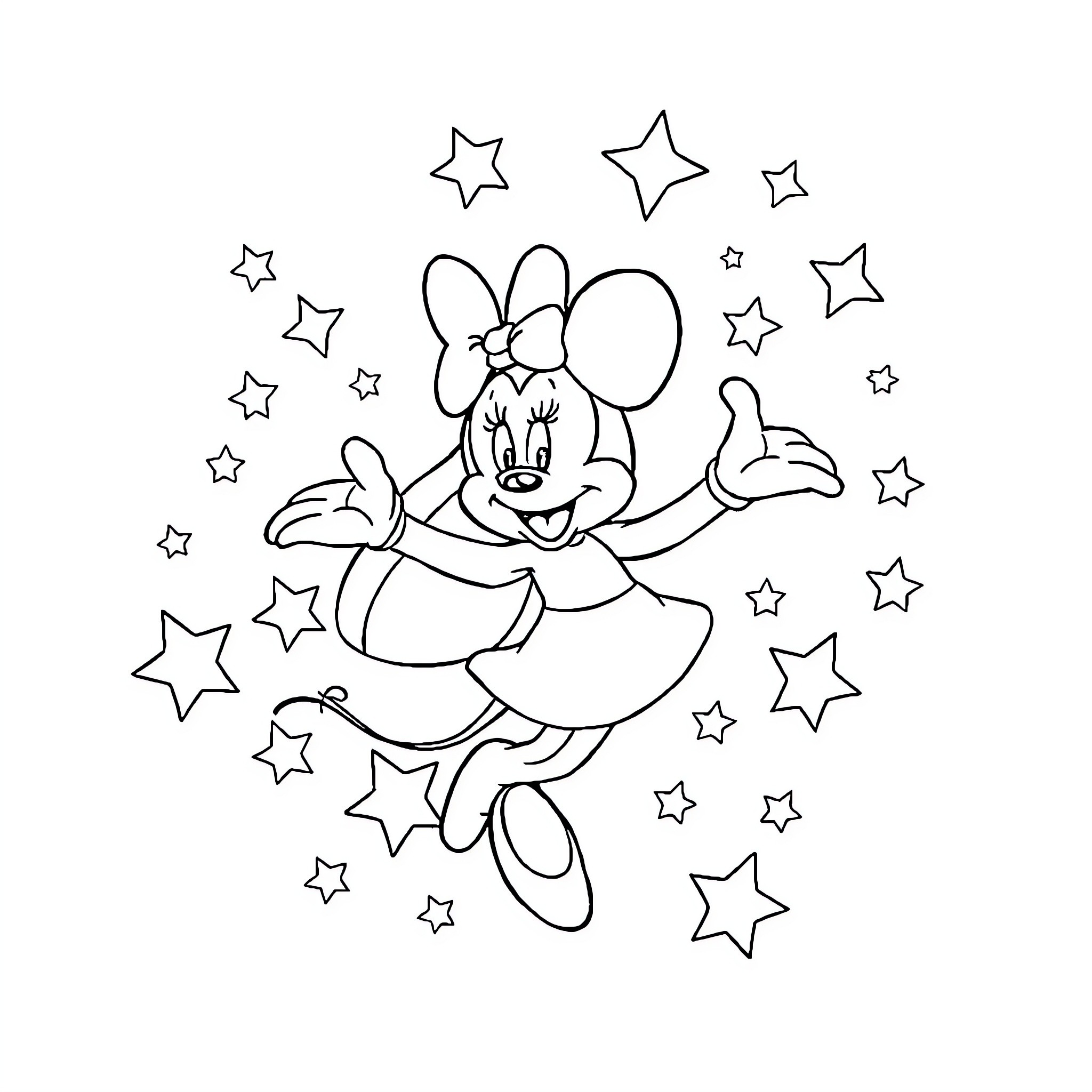 Disney Character dancing among the stars Coloring Page (free black-and-white line drawing printable PDF for all, from beginners to advanced learners, including children, teens, adults, and seniors)