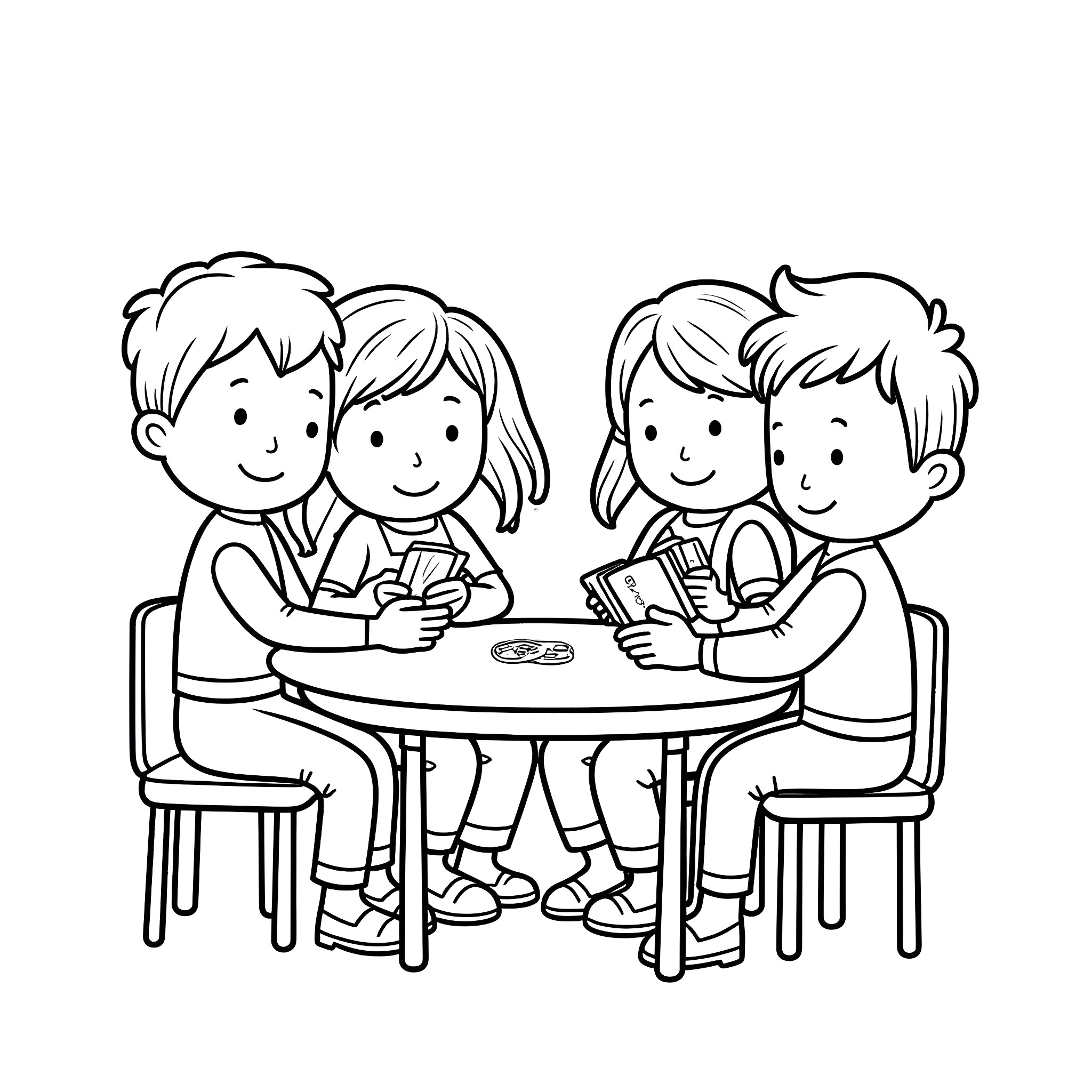 Children playing and reading together at a table Coloring Page (free black-and-white line drawing printable PDF for all, from beginners to advanced learners, including children, teens, adults, and seniors)