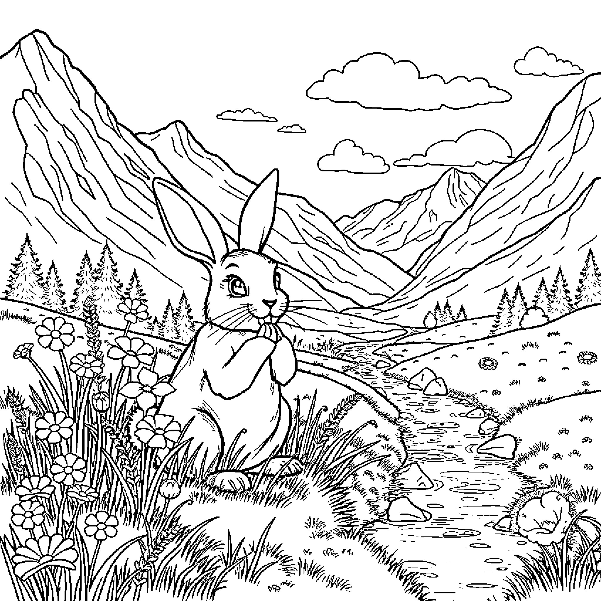 Rabbit exploring scenic mountain landscape Coloring Page (free black-and-white line drawing printable PDF for all, from beginners to advanced learners, including children, teens, adults, and seniors)