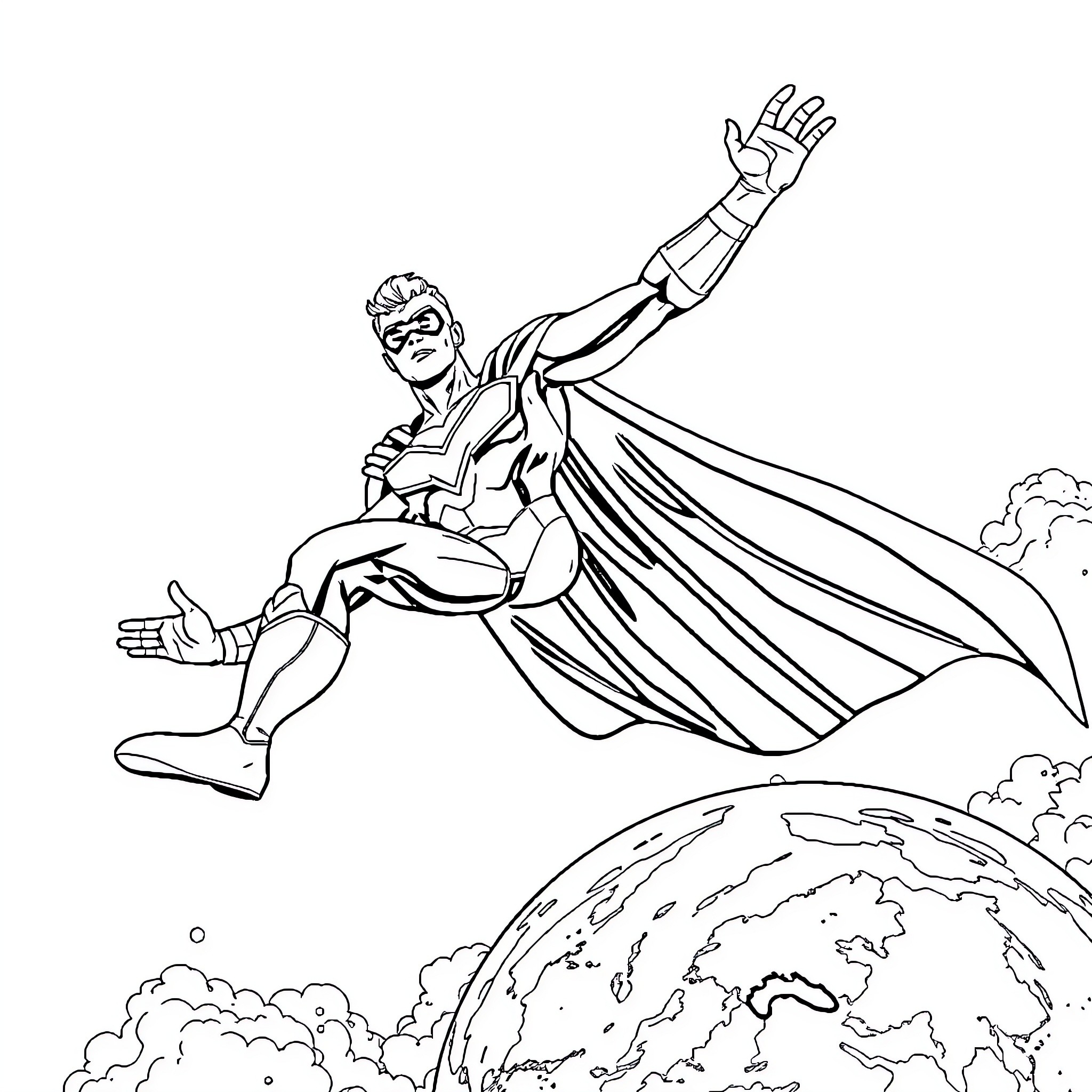 Omni Man flying over the Earth Coloring Page (free black-and-white line drawing printable PDF for all, from beginners to advanced learners, including children, teens, adults, and seniors)