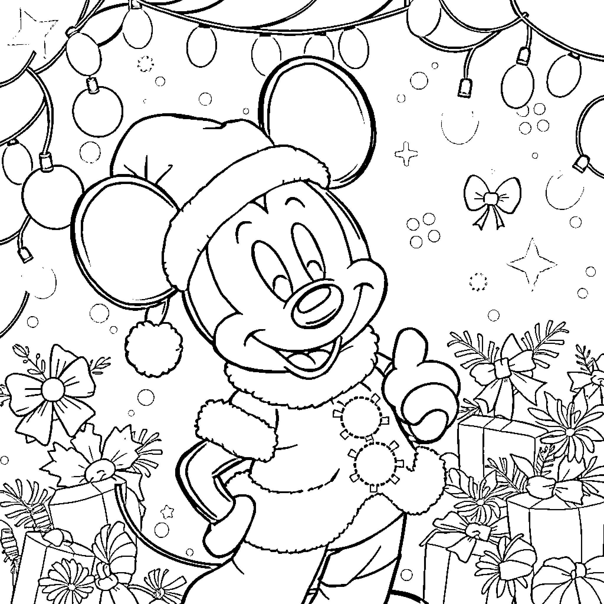 Mickey Mouse celebrating with festive decorations Coloring Page (free black-and-white line drawing printable PDF for all, from beginners to advanced learners, including children, teens, adults, and seniors)