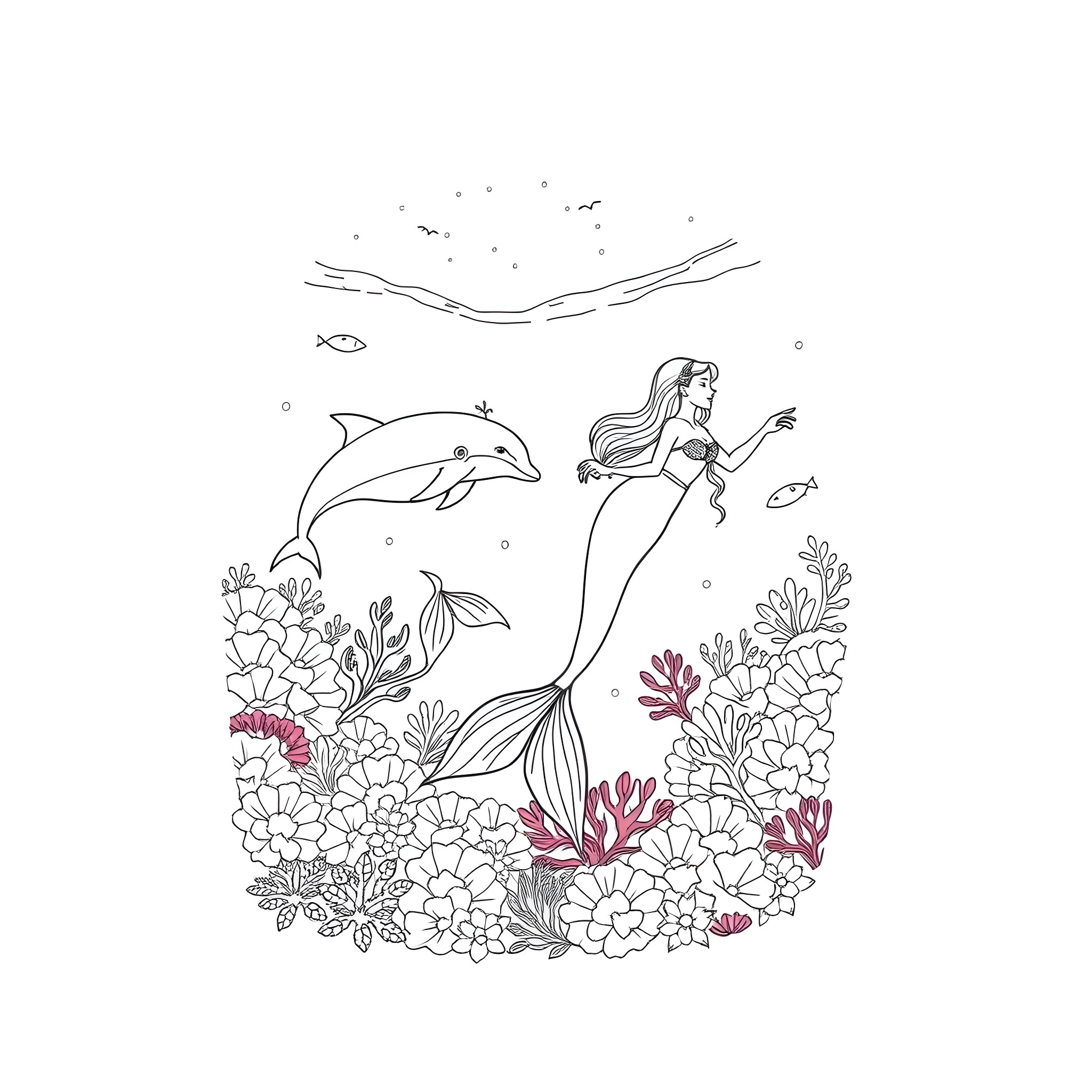 Mermaid swimming with friendly dolphin in floral underwater scene Coloring Page (free black-and-white line drawing printable PDF for all, from beginners to advanced learners, including children, teens, adults, and seniors)
