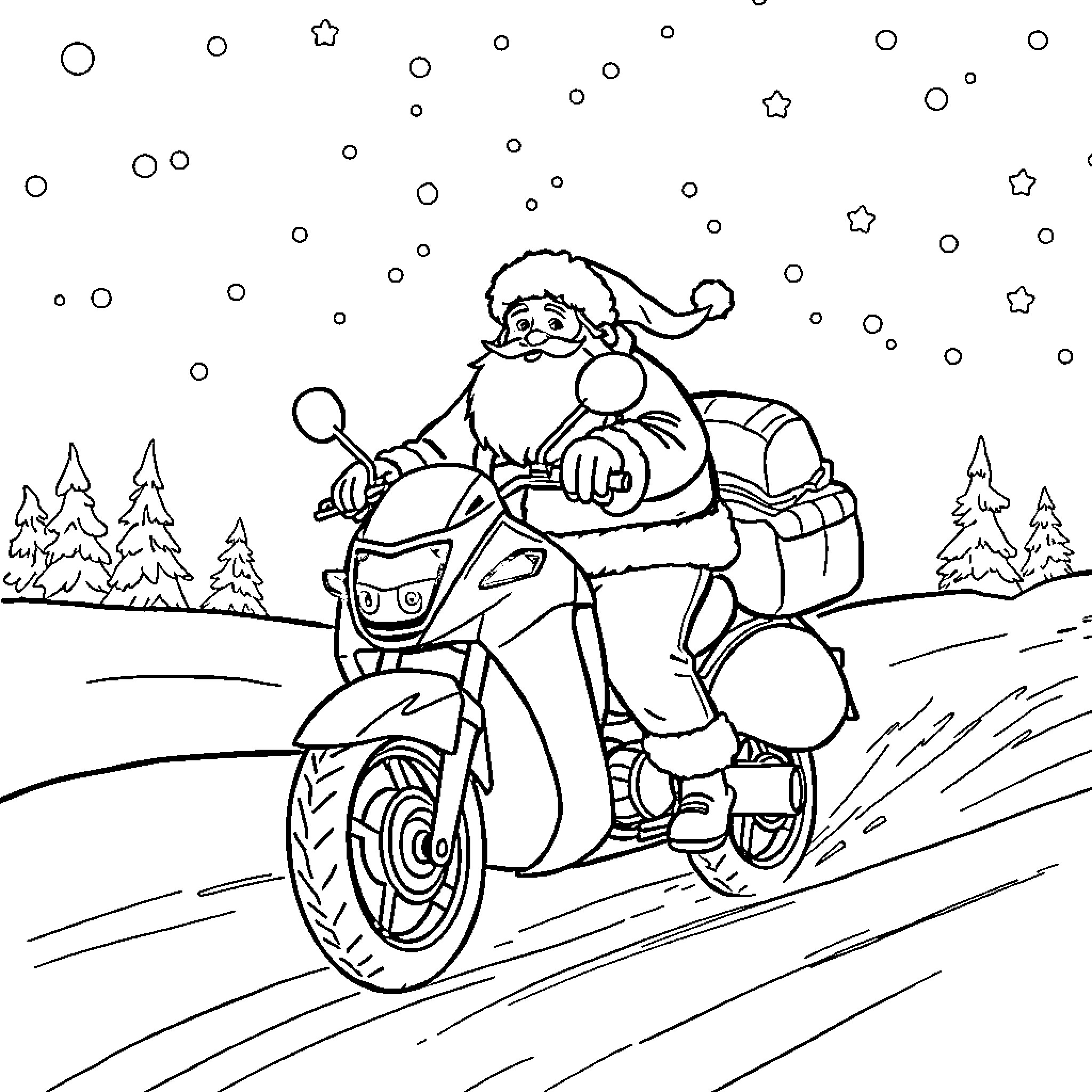 Santa Claus riding a motorcycle in the snow Coloring Page (free black-and-white line drawing printable PDF for all, from beginners to advanced learners, including children, teens, adults, and seniors)
