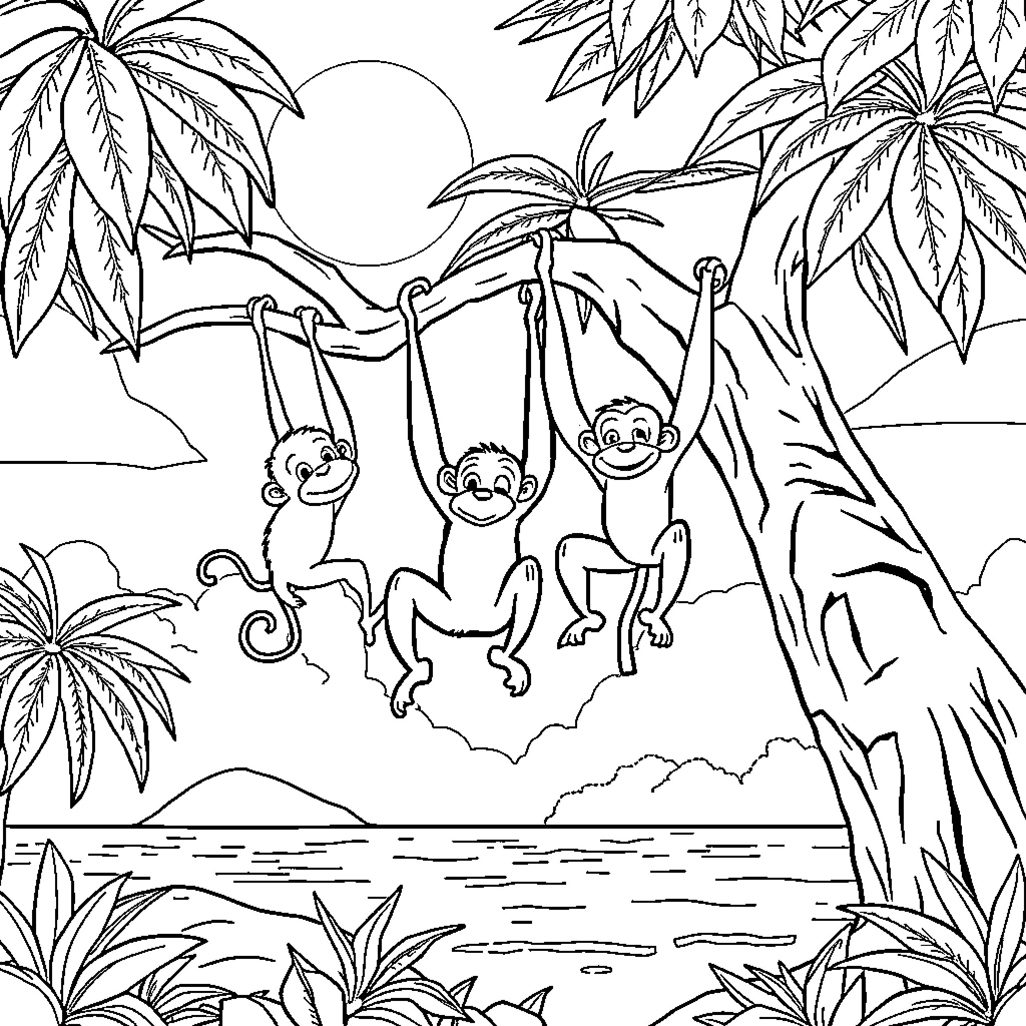 Monkeys playing happily in the tropical jungle Coloring Page (free black-and-white line drawing printable PDF for all, from beginners to advanced learners, including children, teens, adults, and seniors)