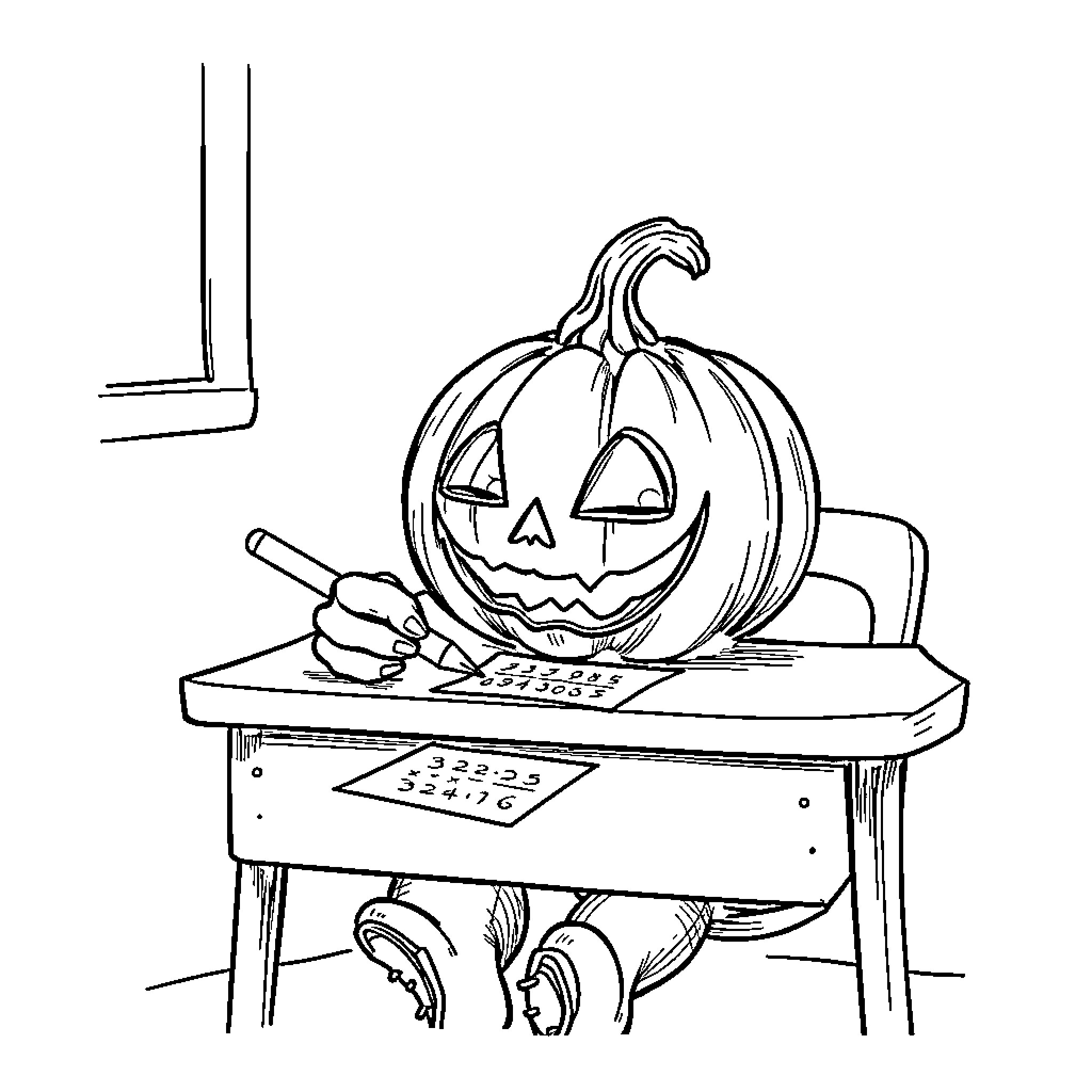 Jack-o'-lantern drawing on classroom desk Coloring Page (free black-and-white line drawing printable PDF for all, from beginners to advanced learners, including children, teens, adults, and seniors)