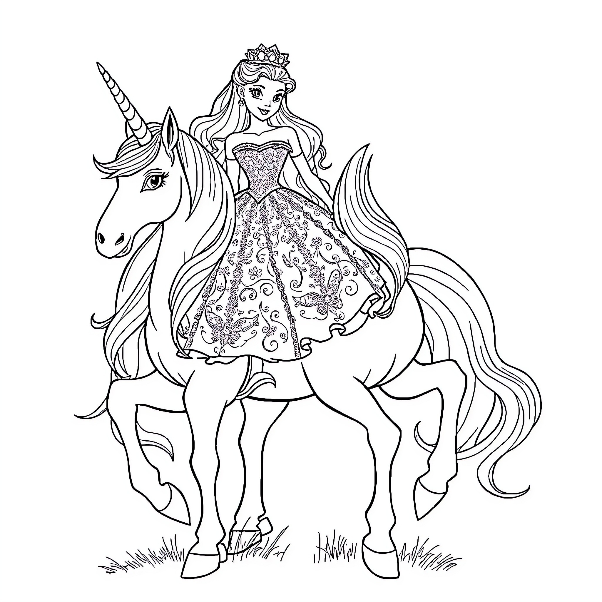 Princess riding a majestic unicorn in a whimsical dress Coloring Page (free black-and-white line drawing printable PDF for all, from beginners to advanced learners, including children, teens, adults, and seniors)