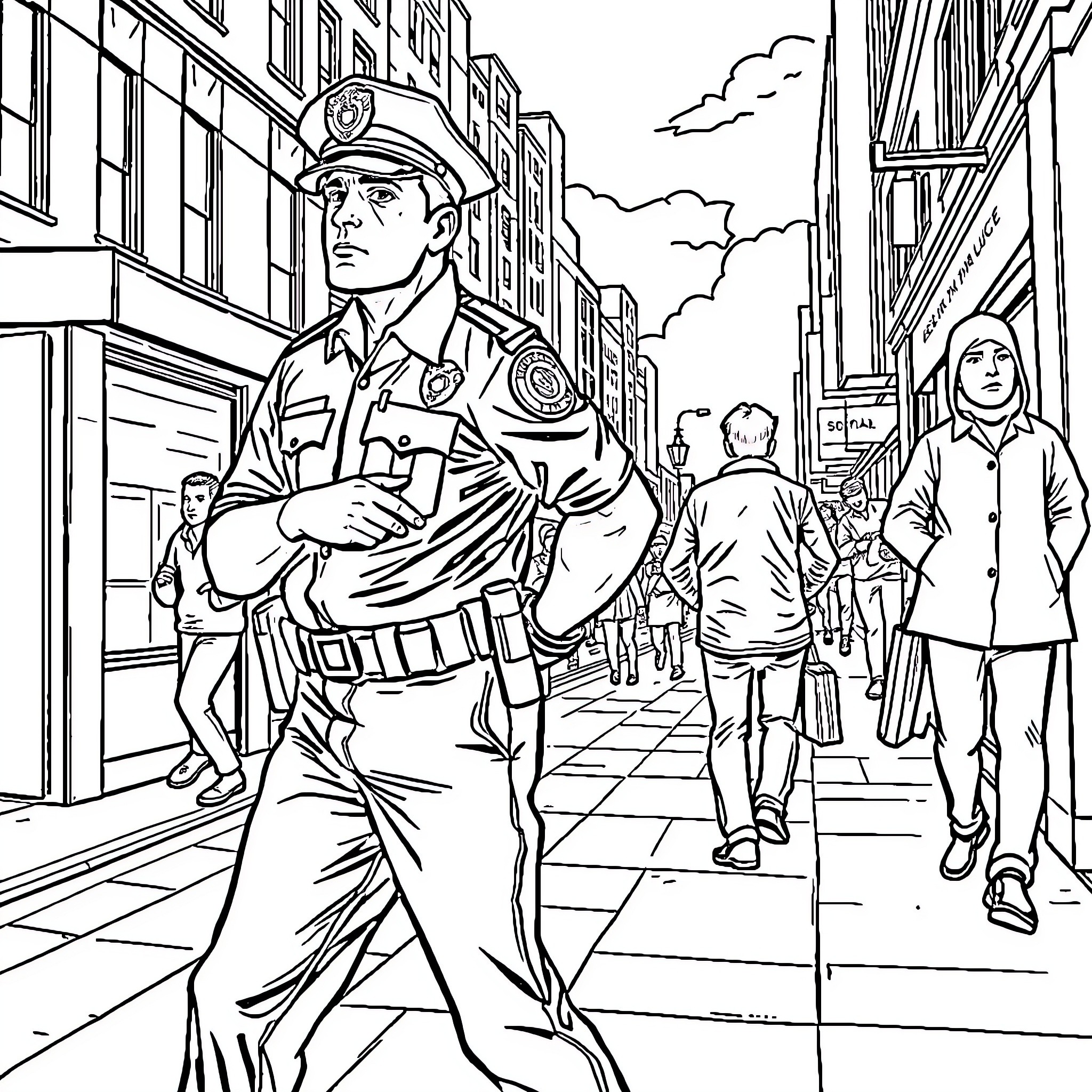 Police Officer Patrolling City Street Scene Coloring Page (free black-and-white line drawing printable PDF for all, from beginners to advanced learners, including children, teens, adults, and seniors)