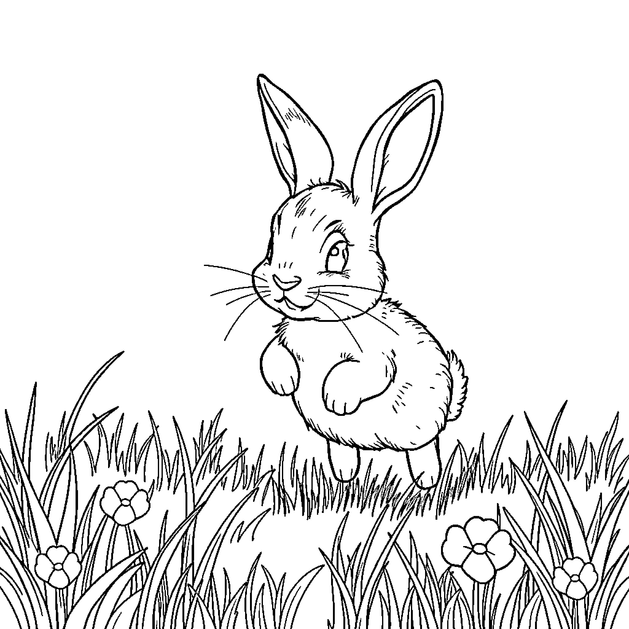 Hase sitting in the grass with flowers Coloring Page (free black-and-white line drawing printable PDF for all, from beginners to advanced learners, including children, teens, adults, and seniors)