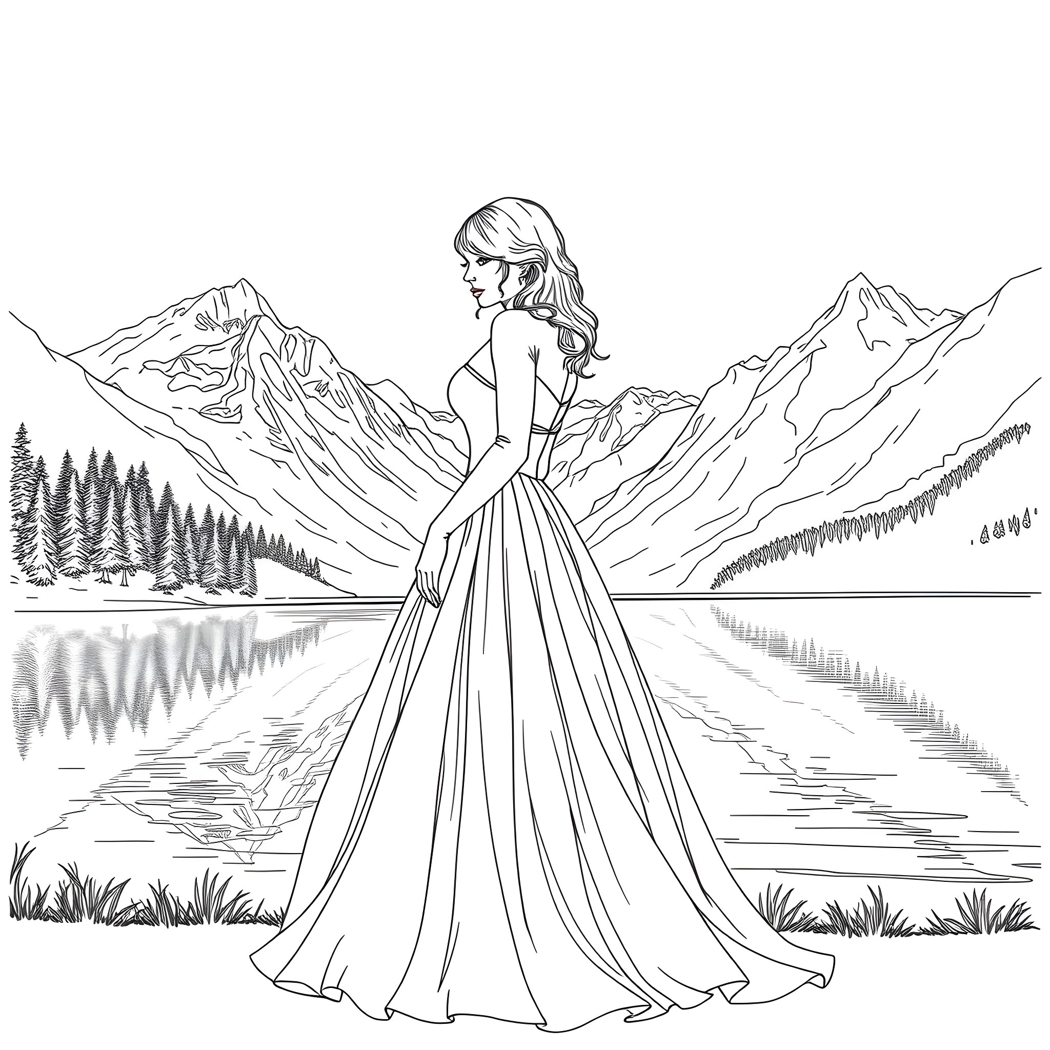 Taylor Swift posing gracefully in a scenic mountain landscape Coloring Page (free black-and-white line drawing printable PDF for all, from beginners to advanced learners, including children, teens, adults, and seniors)
