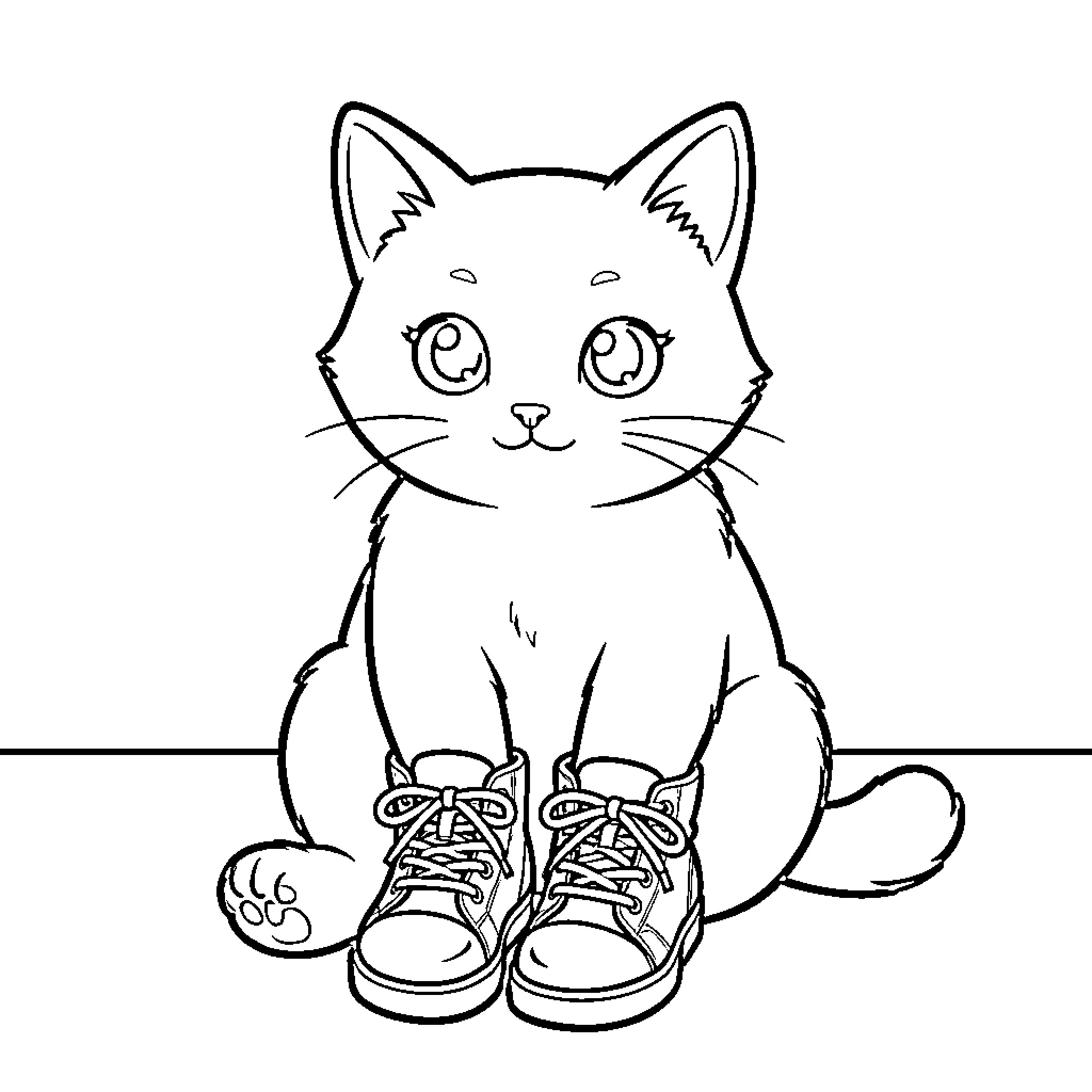 Cat wearing human shoes sitting on floor Coloring Page (free black-and-white line drawing printable PDF for all, from beginners to advanced learners, including children, teens, adults, and seniors)