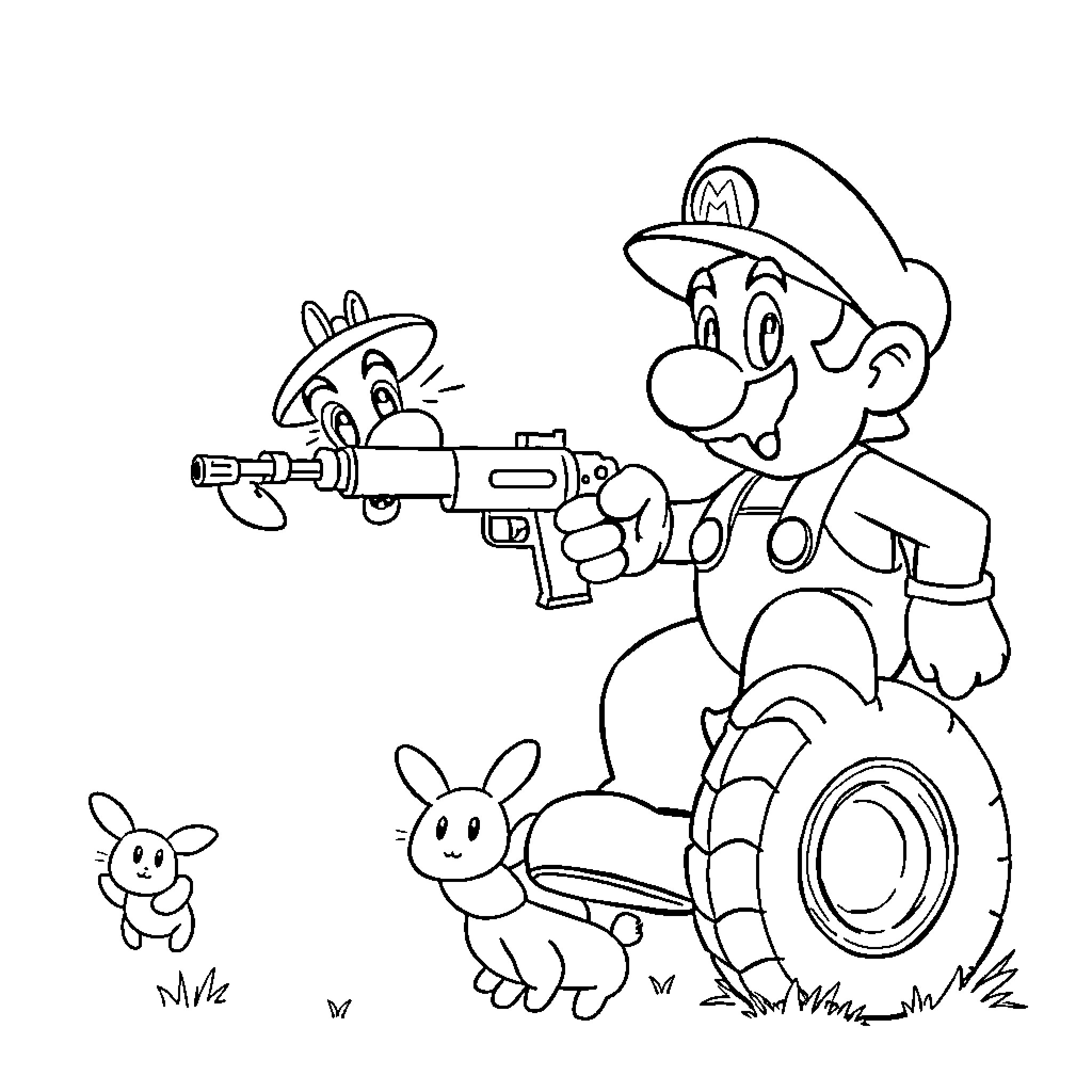 Mario's Playful Adventure with Critters Coloring Page (free black-and-white line drawing printable PDF for all, from beginners to advanced learners, including children, teens, adults, and seniors)