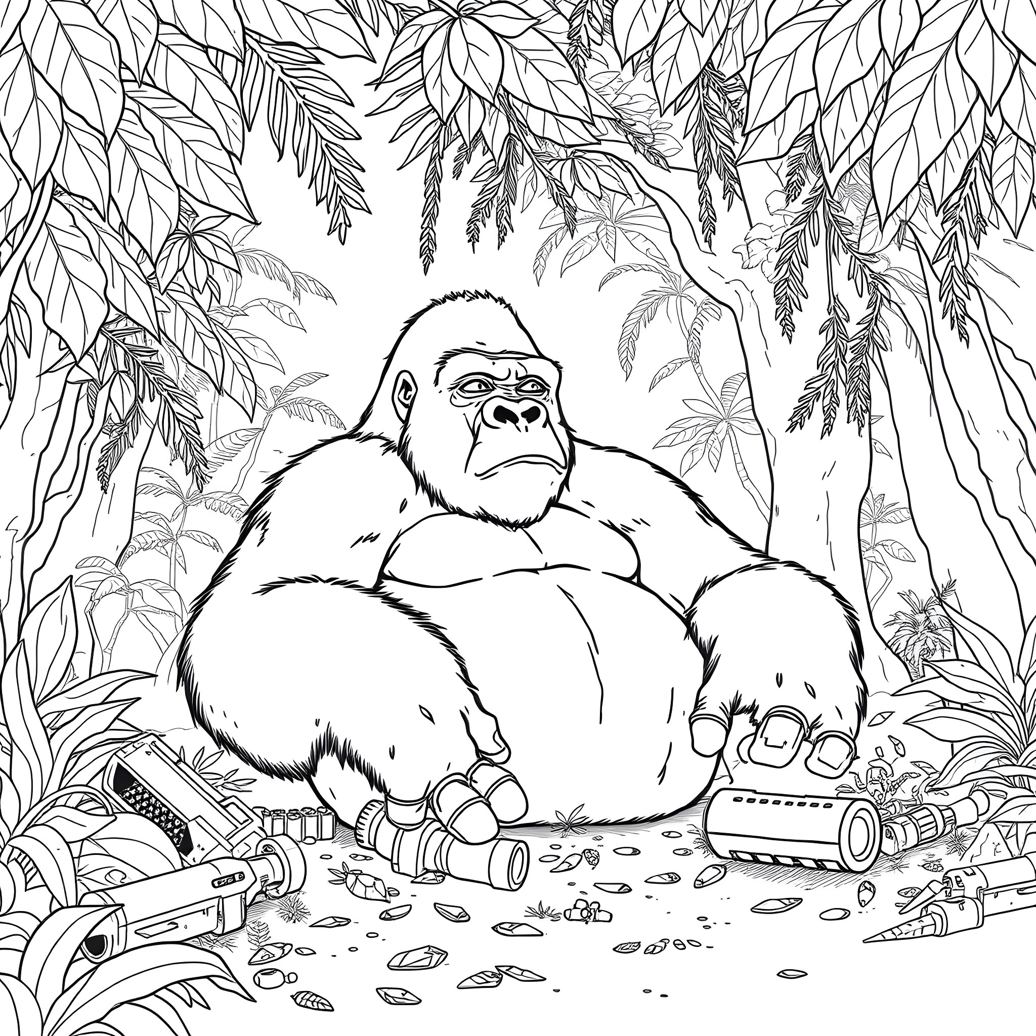 Gorilla relaxing in the lush jungle Coloring Page (free black-and-white line drawing printable PDF for all, from beginners to advanced learners, including children, teens, adults, and seniors)