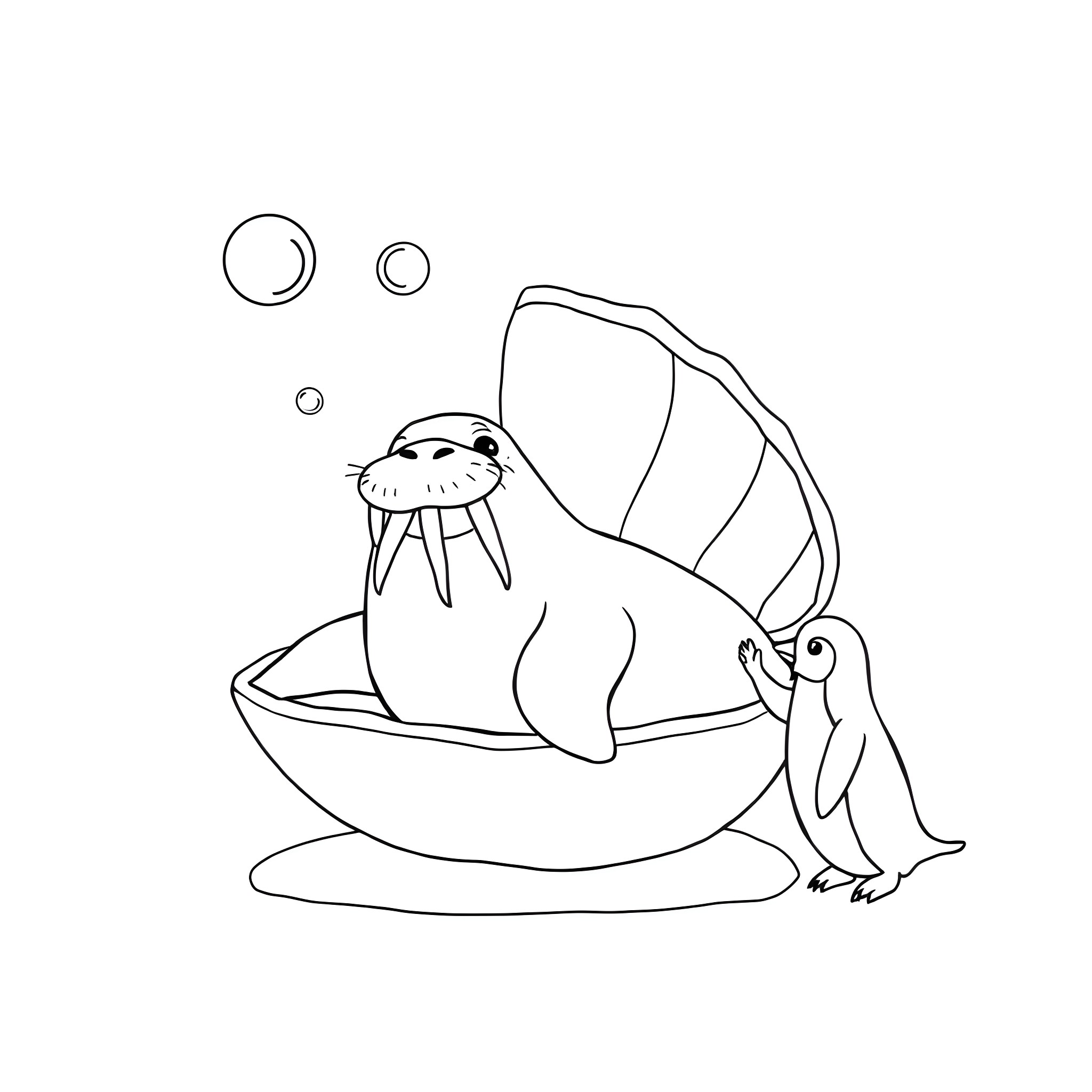 Walrus relaxing in bathtub with penguin companion Coloring Page (free black-and-white line drawing printable PDF for all, from beginners to advanced learners, including children, teens, adults, and seniors)