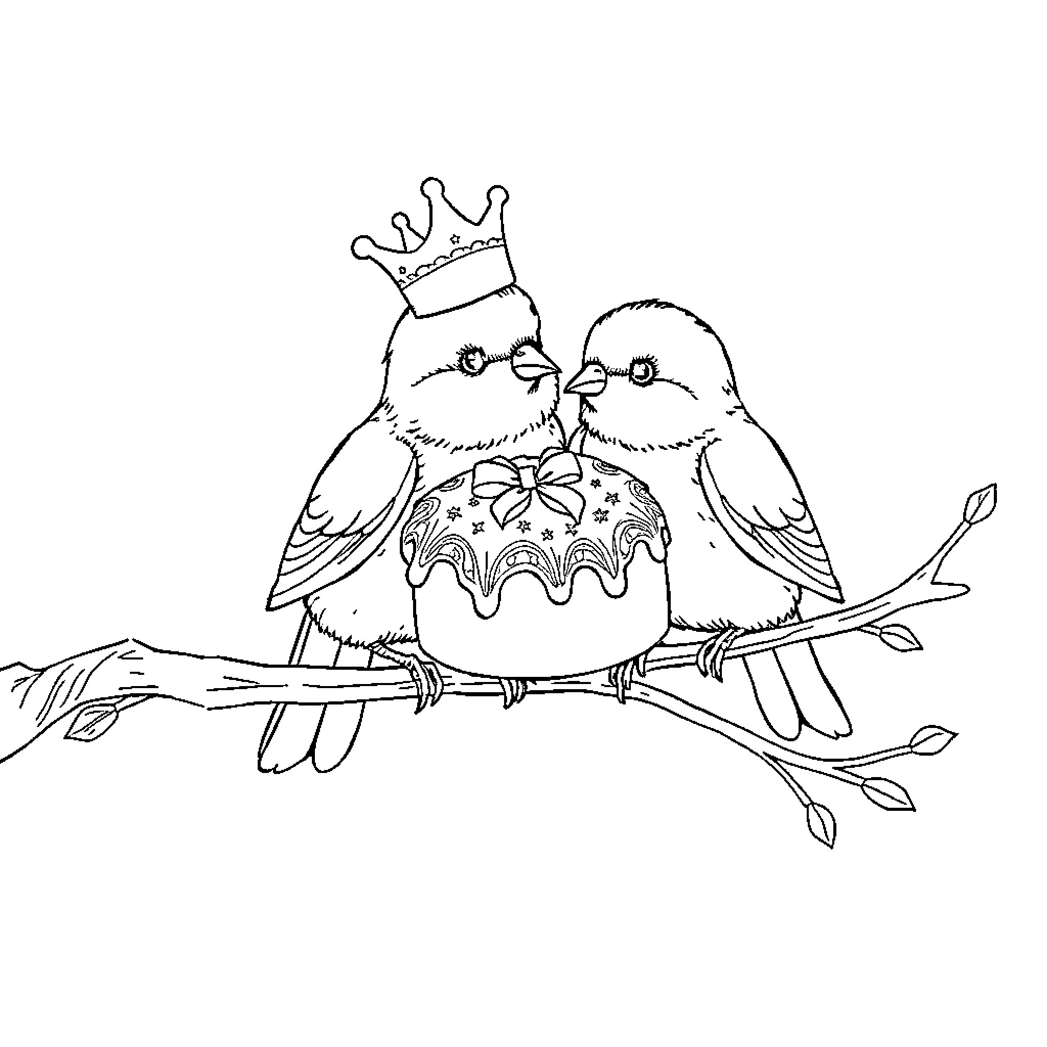 Owl Royals on a Fancy Branch Coloring Page (free black-and-white line drawing printable PDF for all, from beginners to advanced learners, including children, teens, adults, and seniors)