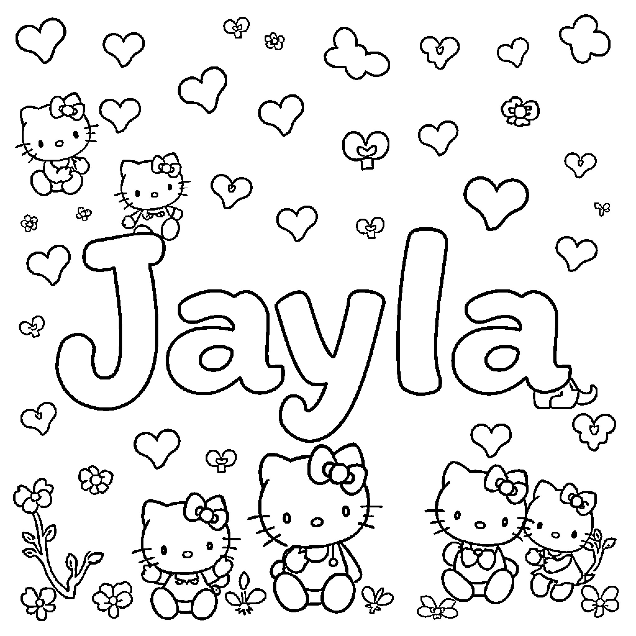 Jayla's Adorable Hello Kitty Scene Coloring Page (free black-and-white line drawing printable PDF for all, from beginners to advanced learners, including children, teens, adults, and seniors)