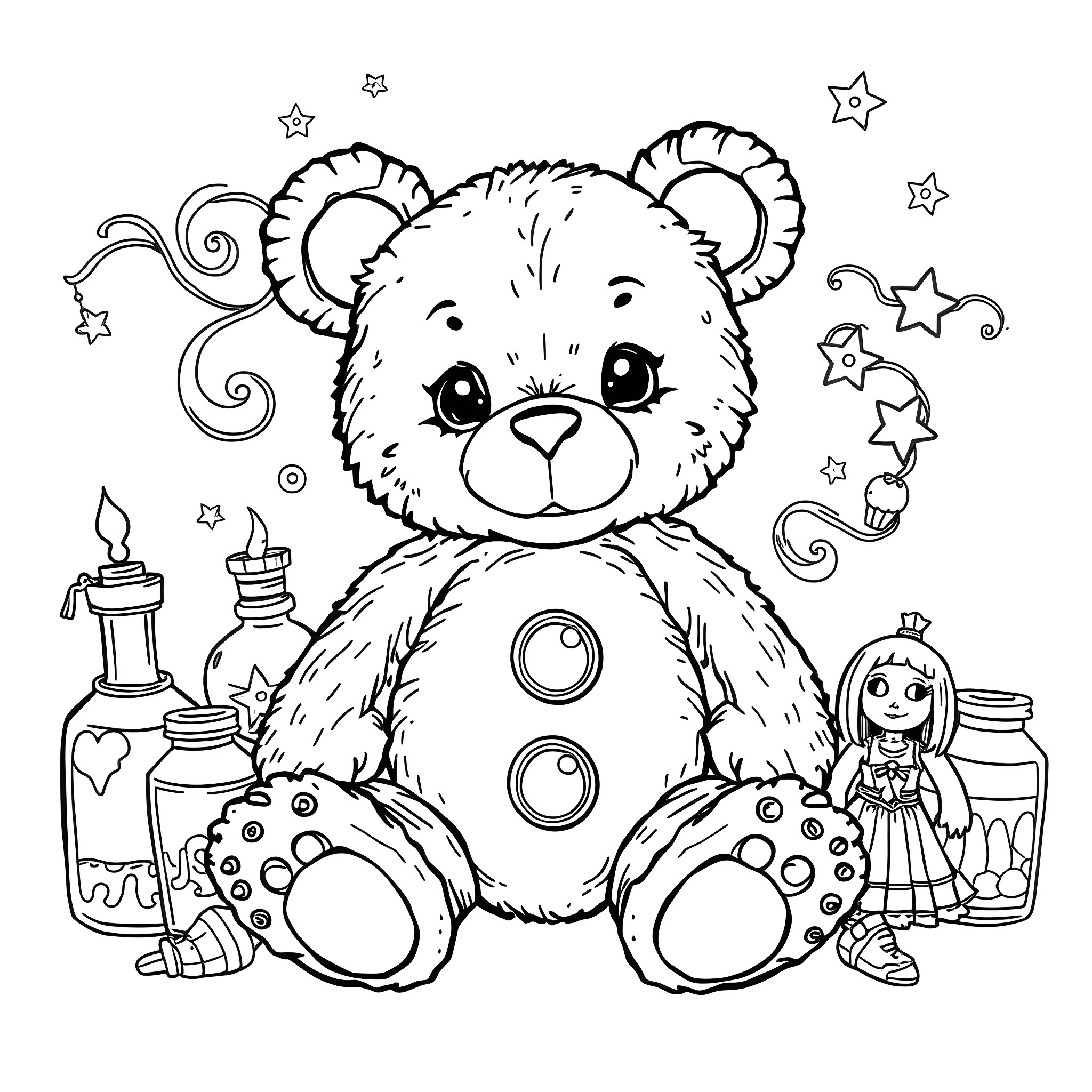 Teddy Bear Surrounded by Toys and Decorations Coloring Page (free black-and-white line drawing printable PDF for all, from beginners to advanced learners, including children, teens, adults, and seniors)