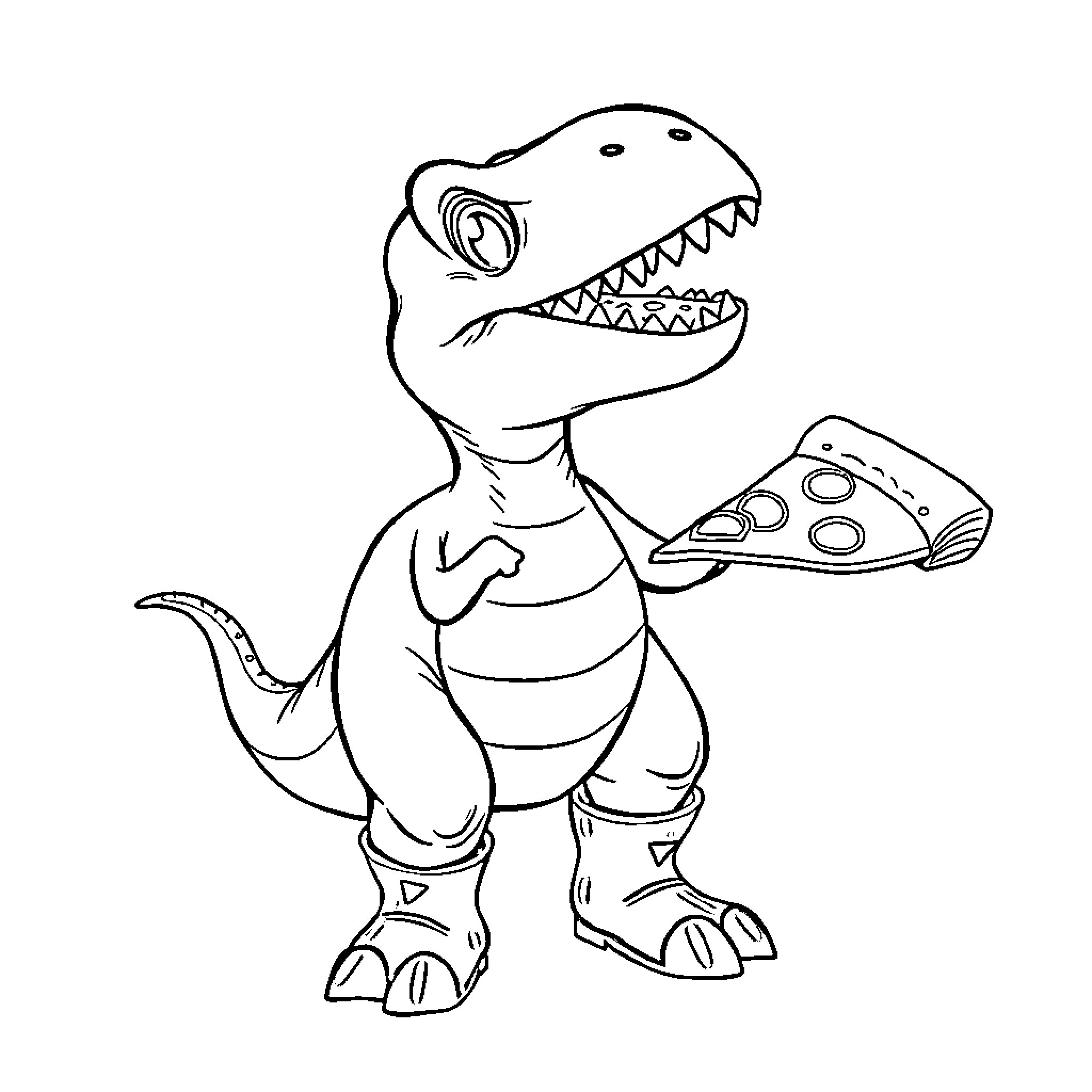 Dinosaur enjoying pizza with enthusiasm Coloring Page (free black-and-white line drawing printable PDF for all, from beginners to advanced learners, including children, teens, adults, and seniors)