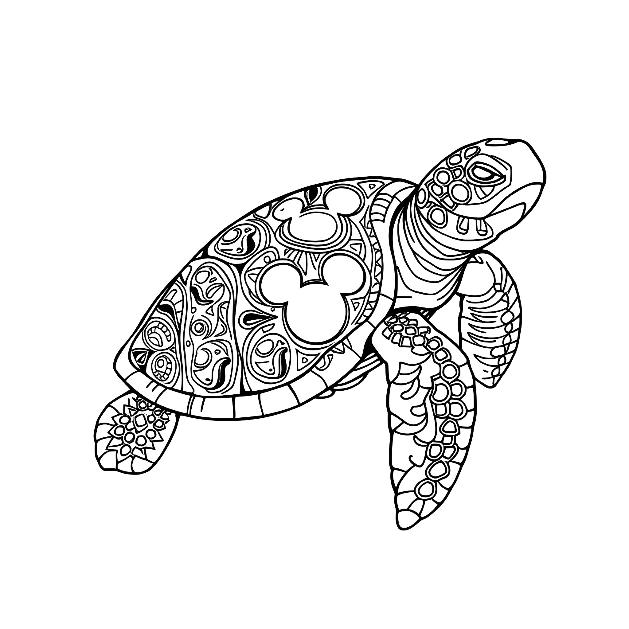 Sea Turtle swimming gracefully Coloring Page (free black-and-white line drawing printable PDF for all, from beginners to advanced learners, including children, teens, adults, and seniors)
