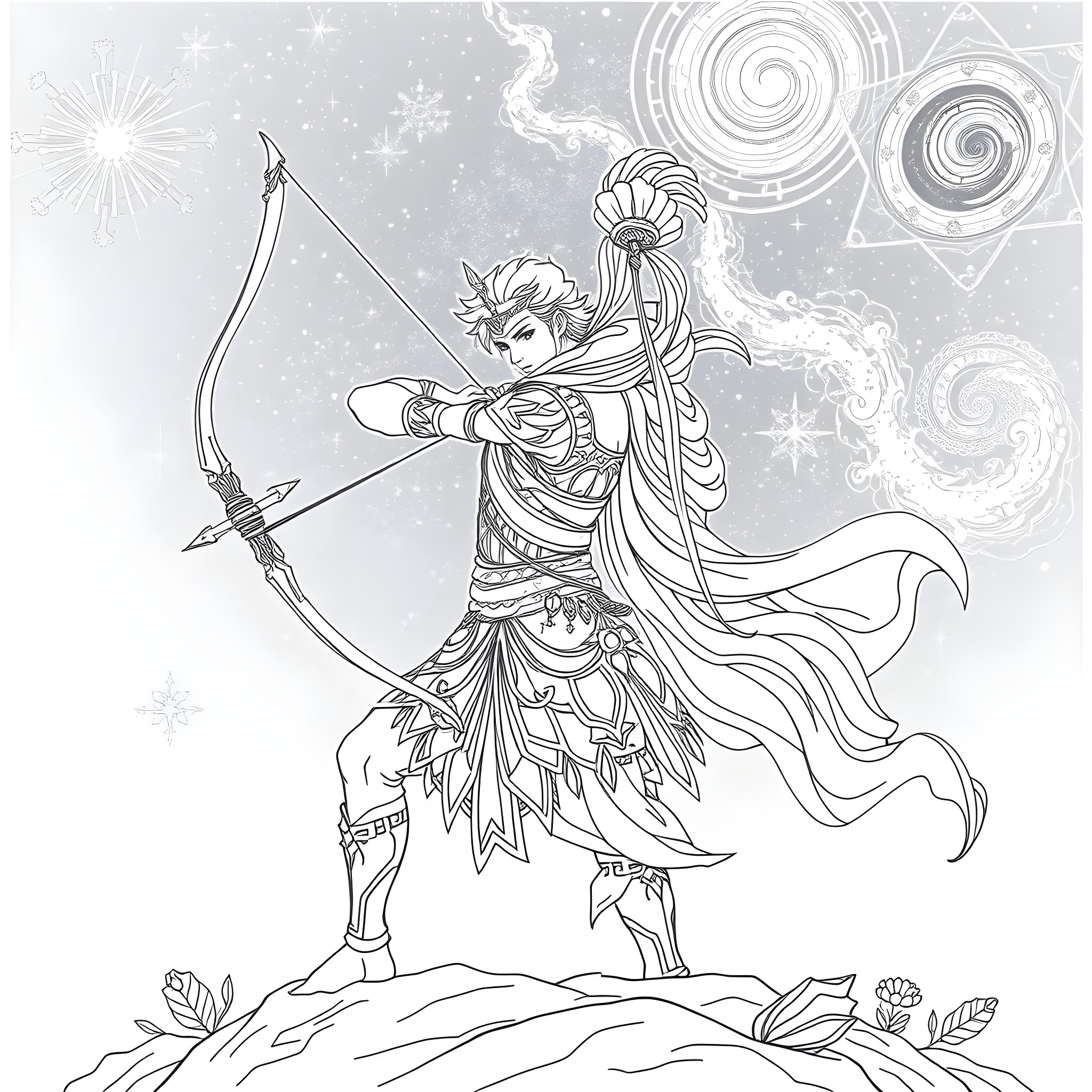 Sagittarius archer in mythical winter scene Coloring Page (free black-and-white line drawing printable PDF for all, from beginners to advanced learners, including children, teens, adults, and seniors)