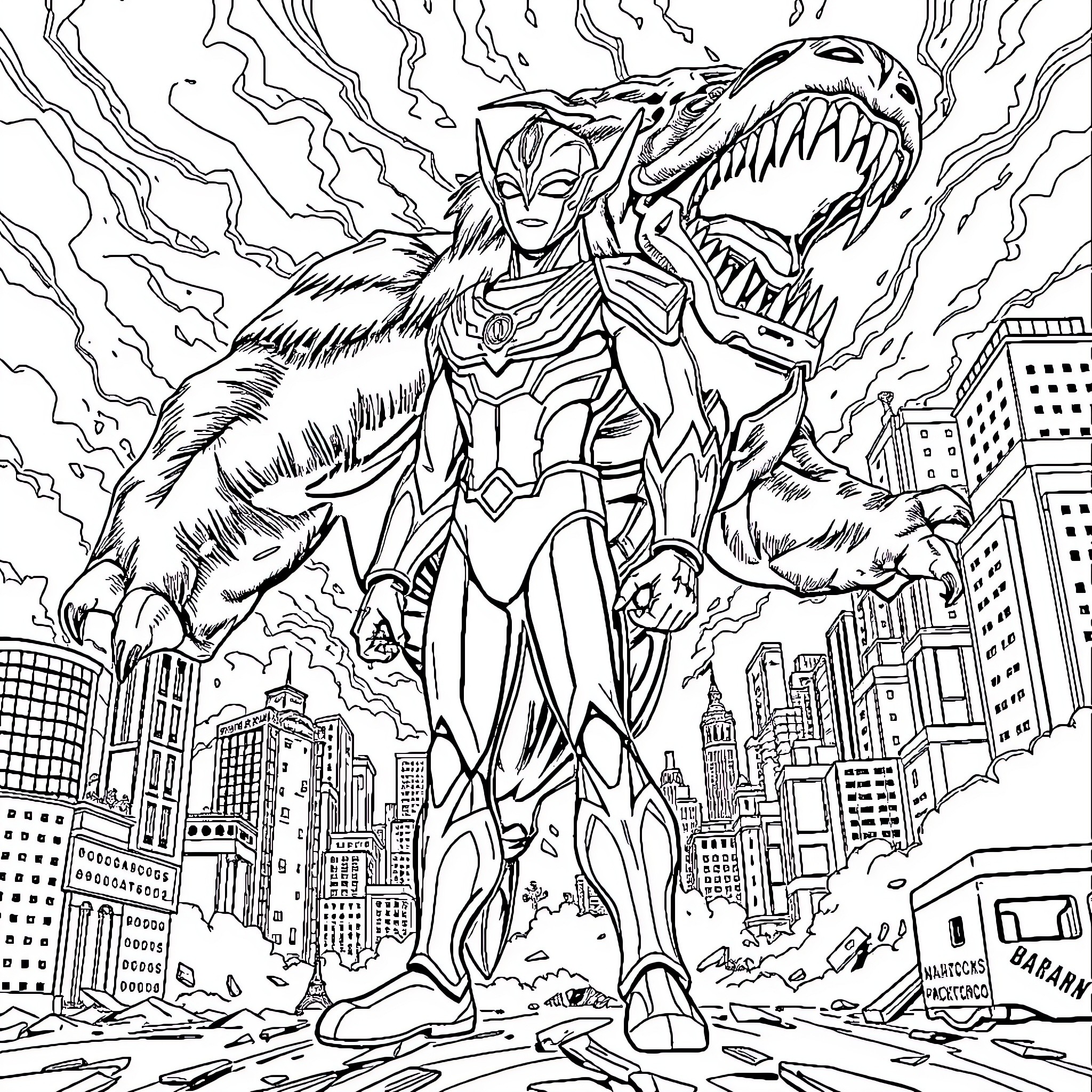 Ultraman battling a giant monster in the city Coloring Page (free black-and-white line drawing printable PDF for all, from beginners to advanced learners, including children, teens, adults, and seniors)