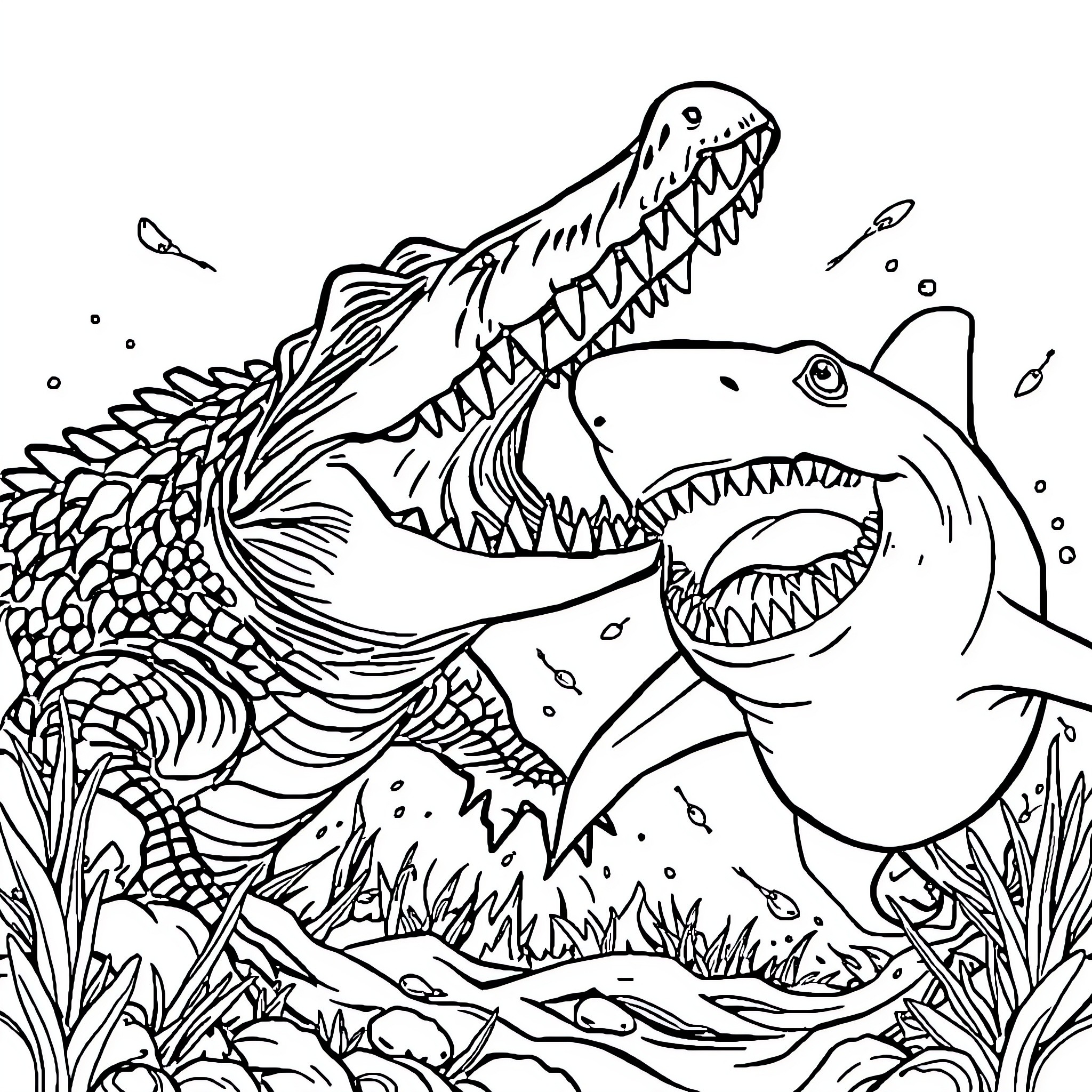 Crocodile with open mouth surrounded by underwater plants Coloring Page (free black-and-white line drawing printable PDF for all, from beginners to advanced learners, including children, teens, adults, and seniors)