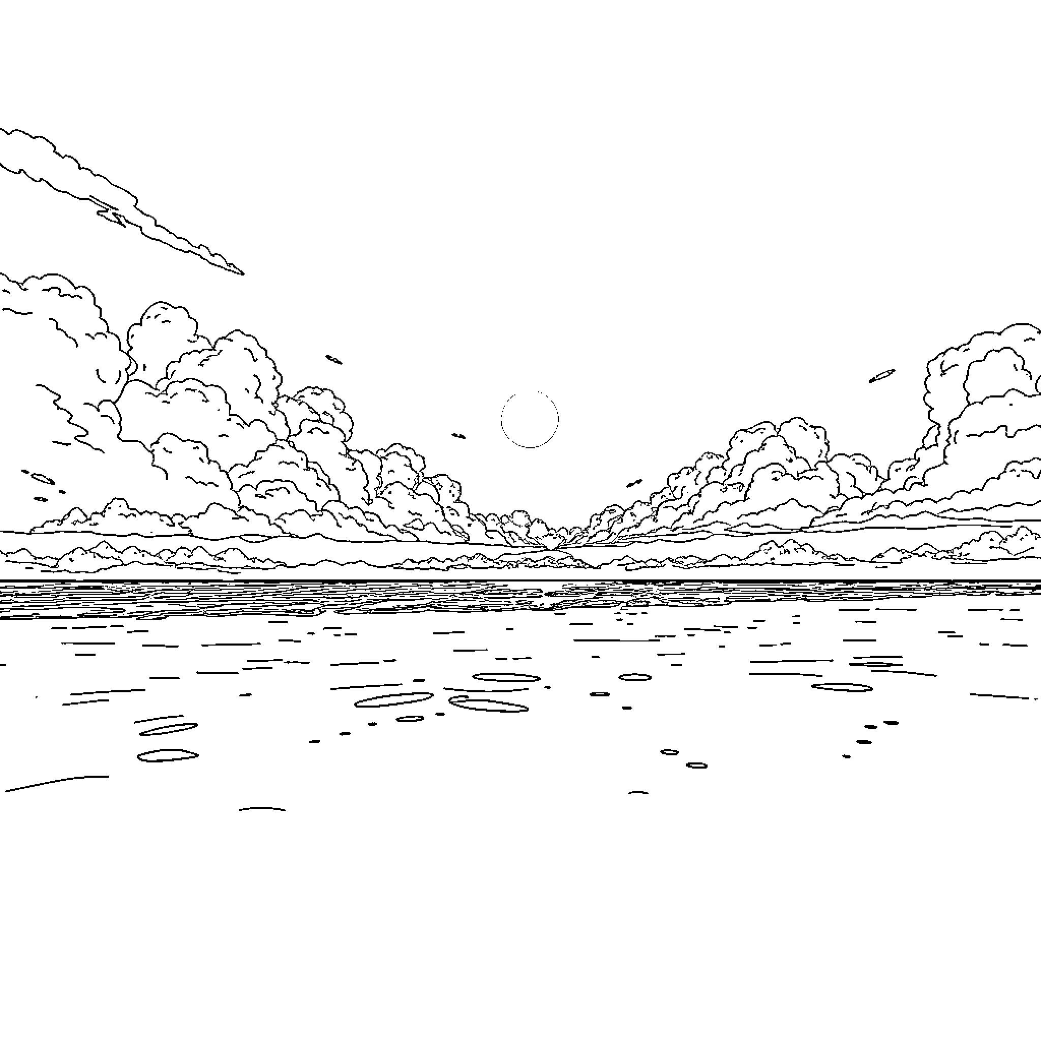 Beach with Dramatic Clouds and Horizon Coloring Page (free black-and-white line drawing printable PDF for all, from beginners to advanced learners, including children, teens, adults, and seniors)