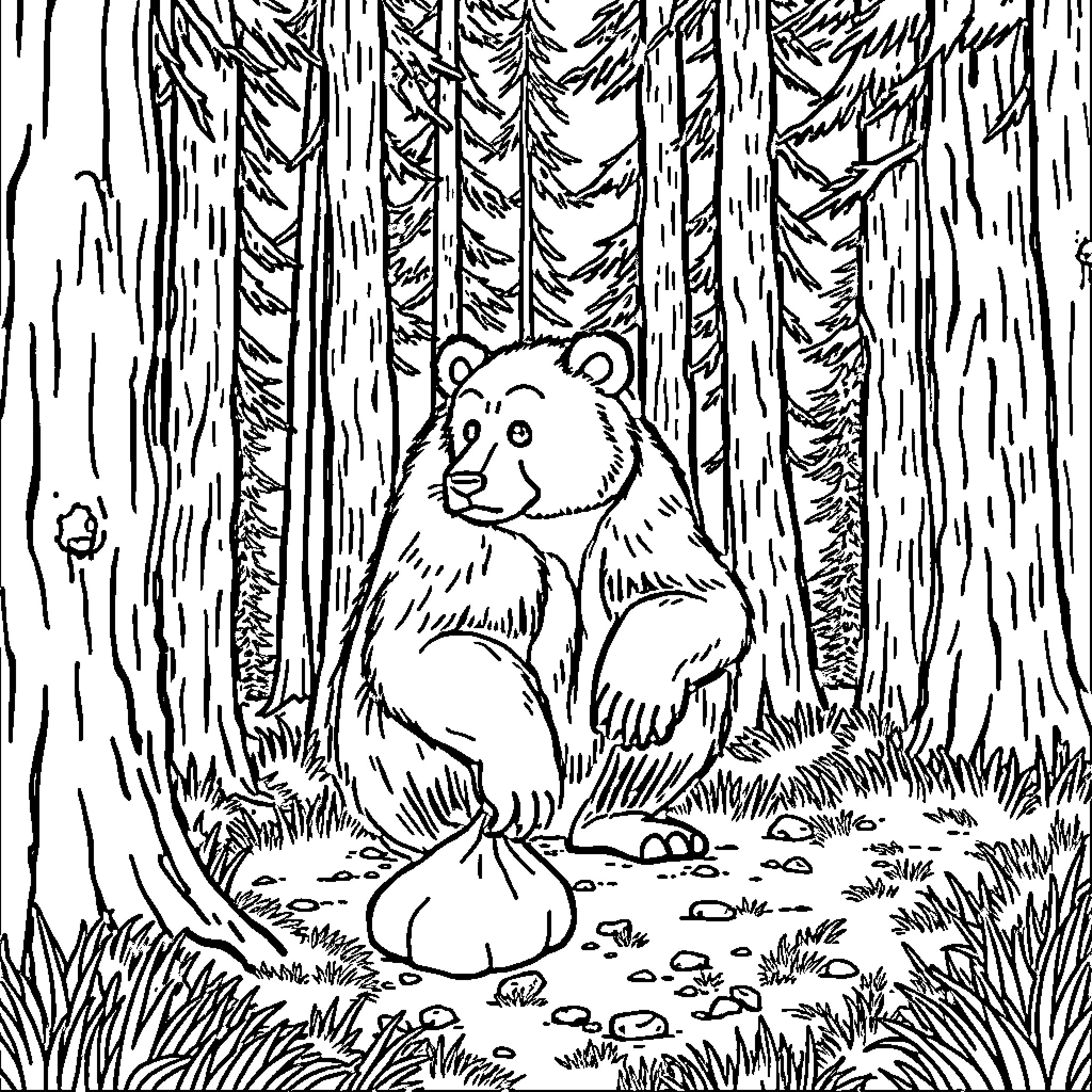 Bear sitting peacefully in the forest Coloring Page (free black-and-white line drawing printable PDF for all, from beginners to advanced learners, including children, teens, adults, and seniors)