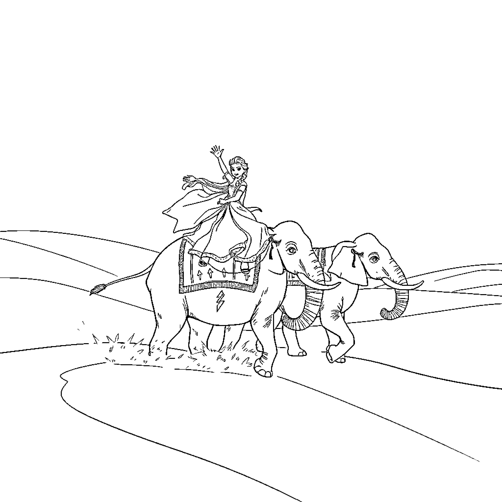 Elephant-drawn carriage carrying a person in colorful attire Coloring Page (free black-and-white line drawing printable PDF for all, from beginners to advanced learners, including children, teens, adults, and seniors)