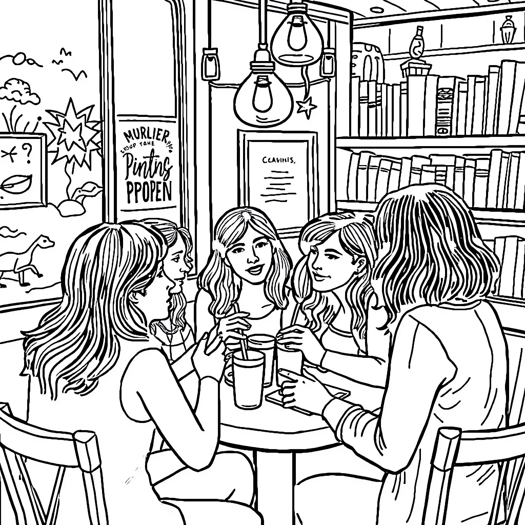 Women chatting and enjoying drinks in a cozy cafe Coloring Page (free black-and-white line drawing printable PDF for all, from beginners to advanced learners, including children, teens, adults, and seniors)