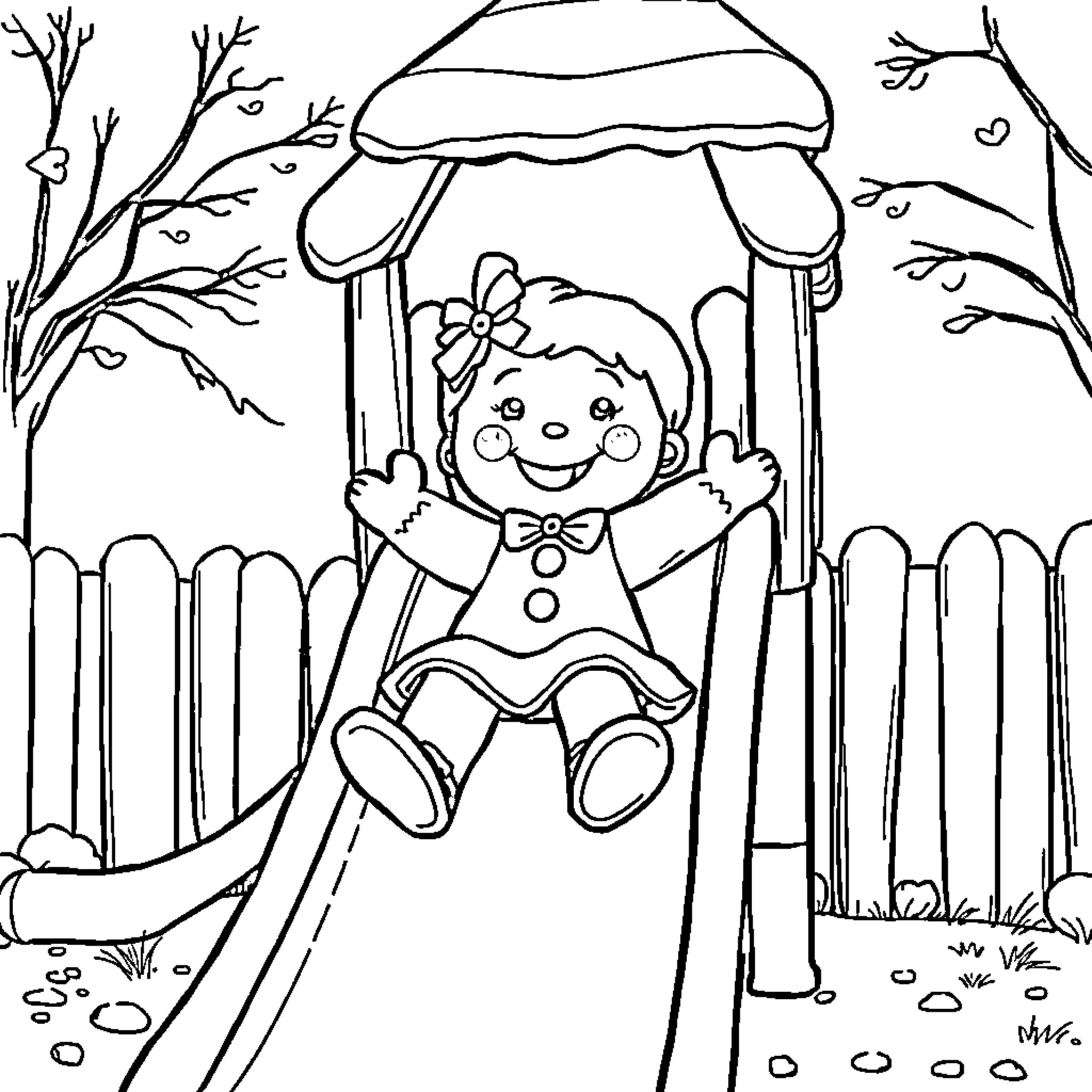 Gingerbread Girl enjoys swing in whimsical forest Coloring Page (free black-and-white line drawing printable PDF for all, from beginners to advanced learners, including children, teens, adults, and seniors)