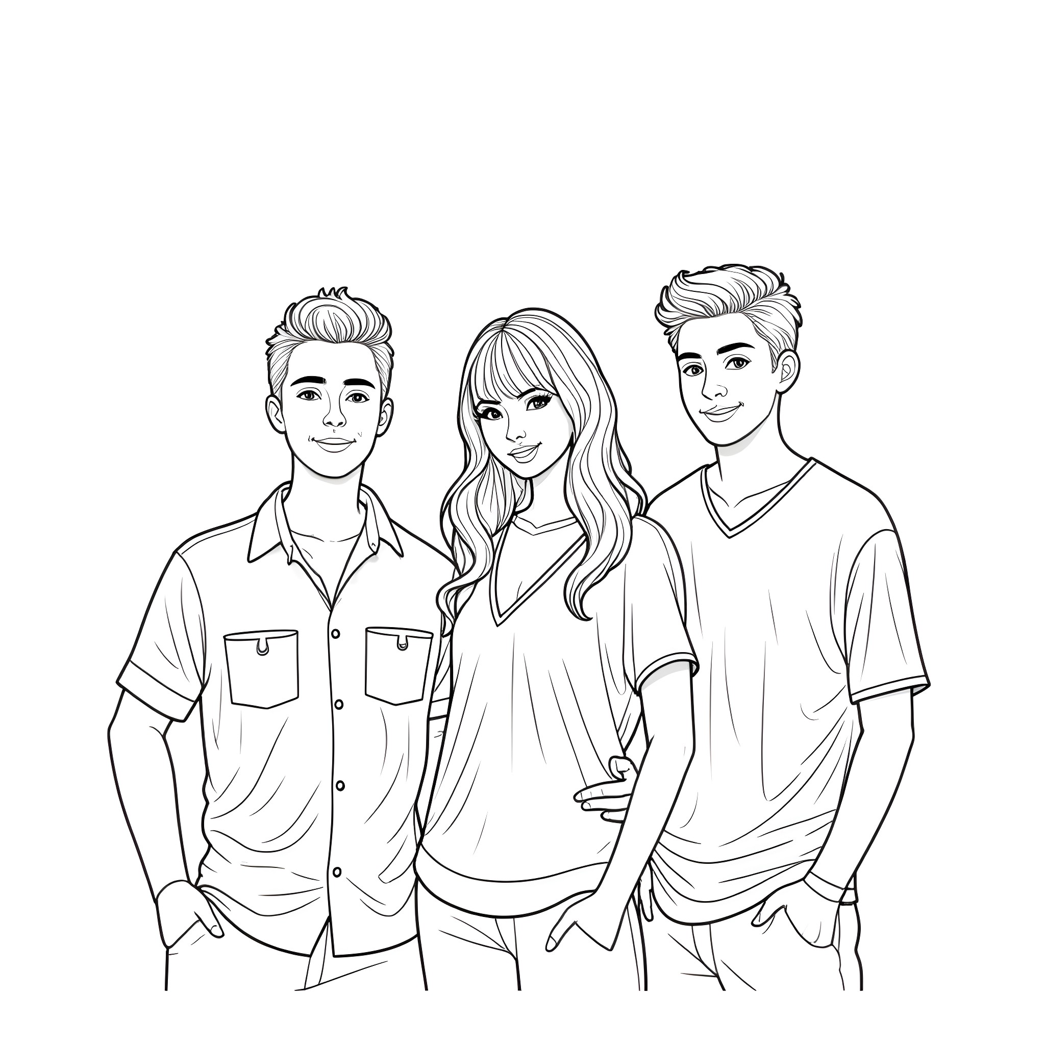 Taylor Swift surrounded by her bandmates in casual outfits Coloring Page (free black-and-white line drawing printable PDF for all, from beginners to advanced learners, including children, teens, adults, and seniors)