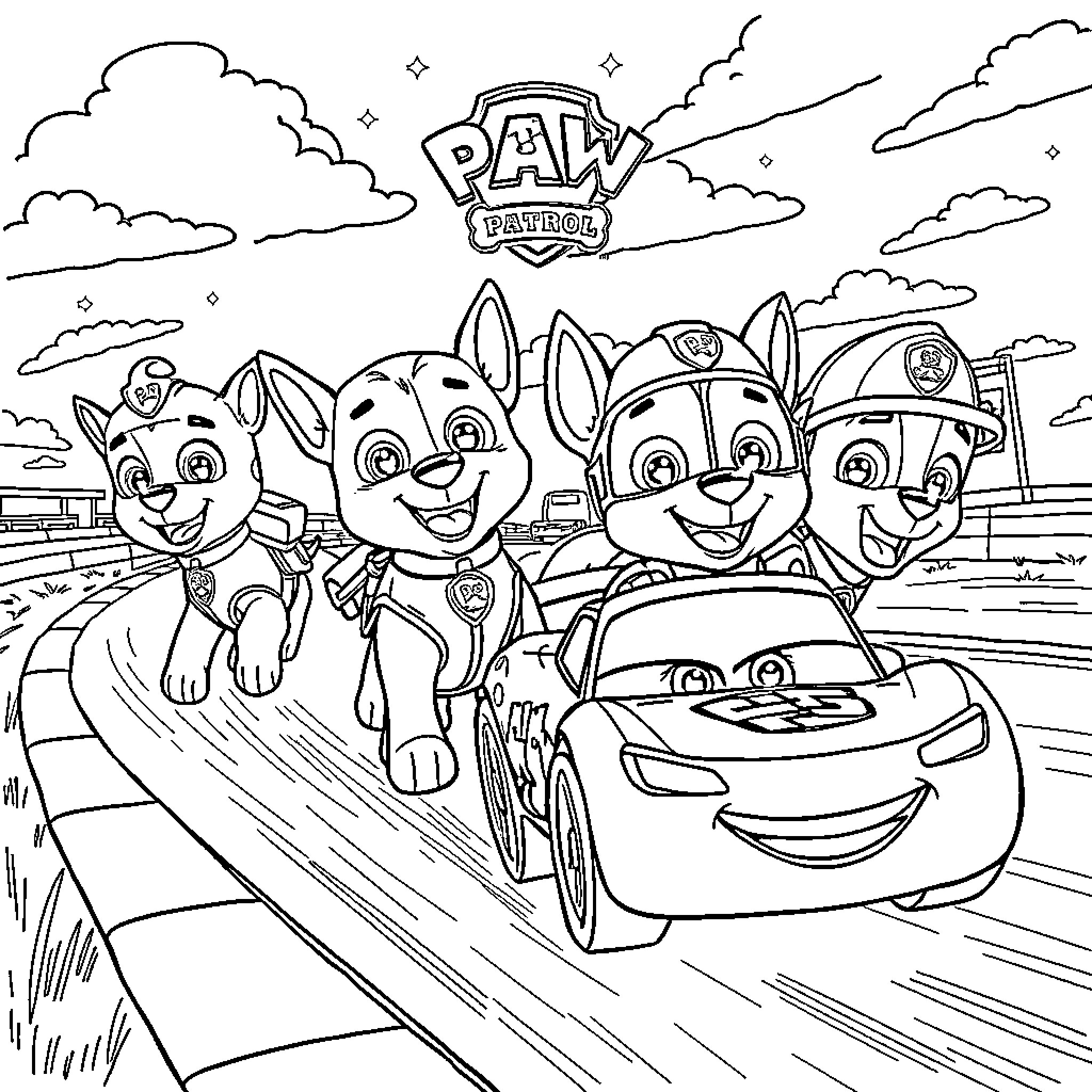 Paw Patrol pups on an adventure with their race car Coloring Page (free black-and-white line drawing printable PDF for all, from beginners to advanced learners, including children, teens, adults, and seniors)
