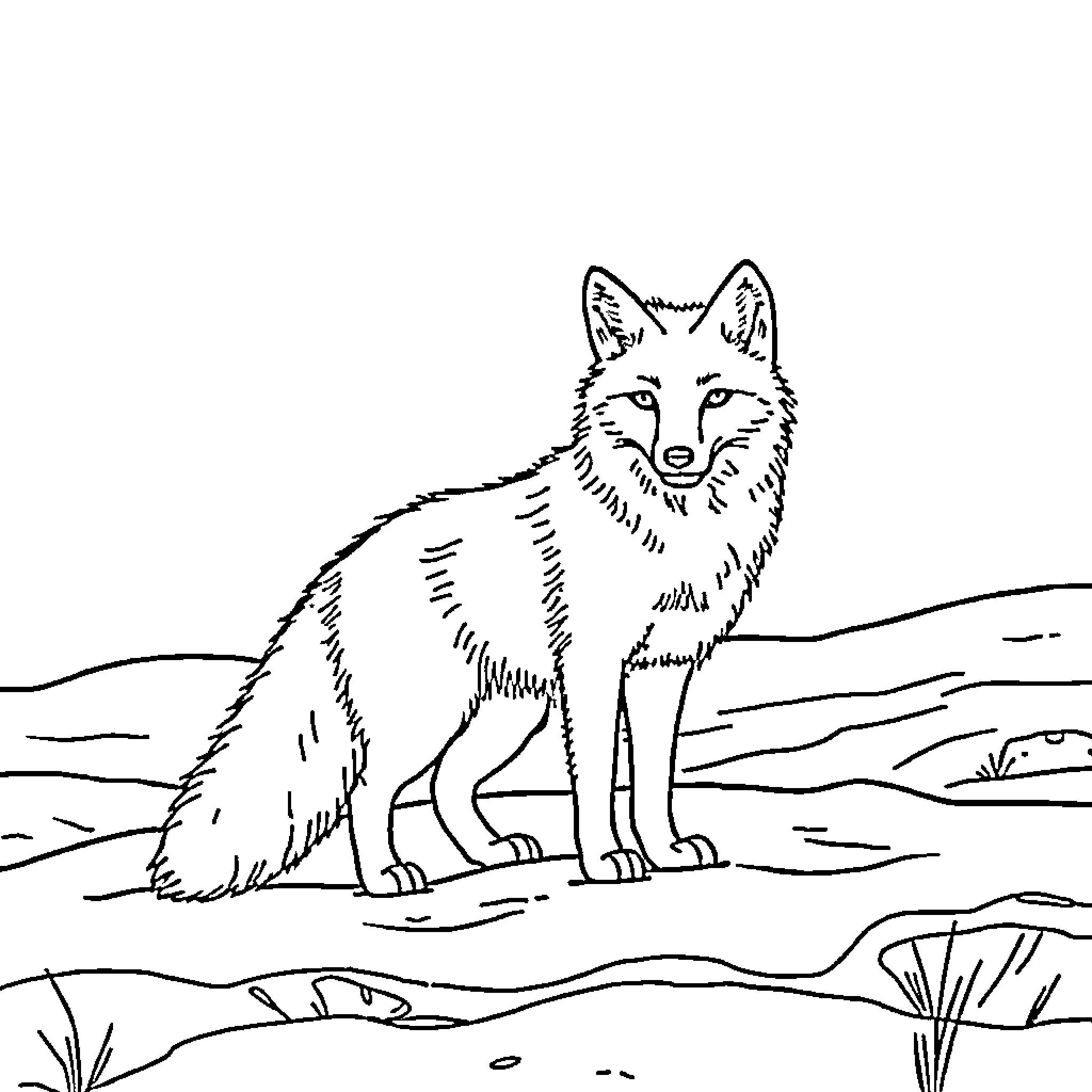Arctic Fox standing alert in the wilderness Coloring Page (free black-and-white line drawing printable PDF for all, from beginners to advanced learners, including children, teens, adults, and seniors)