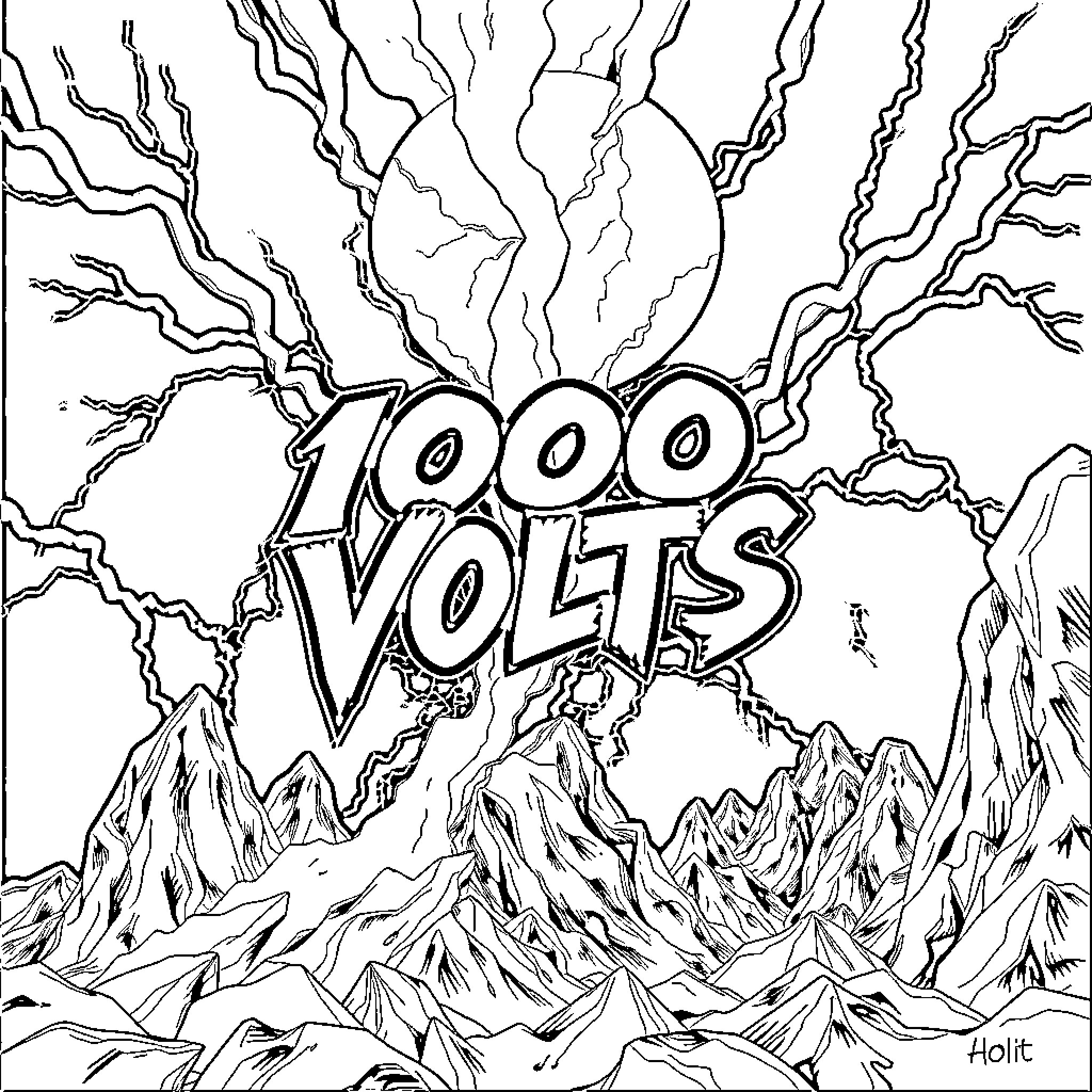 Album Depicting 1000 Volts Over Rugged Landscape Coloring Page (free black-and-white line drawing printable PDF for all, from beginners to advanced learners, including children, teens, adults, and seniors)