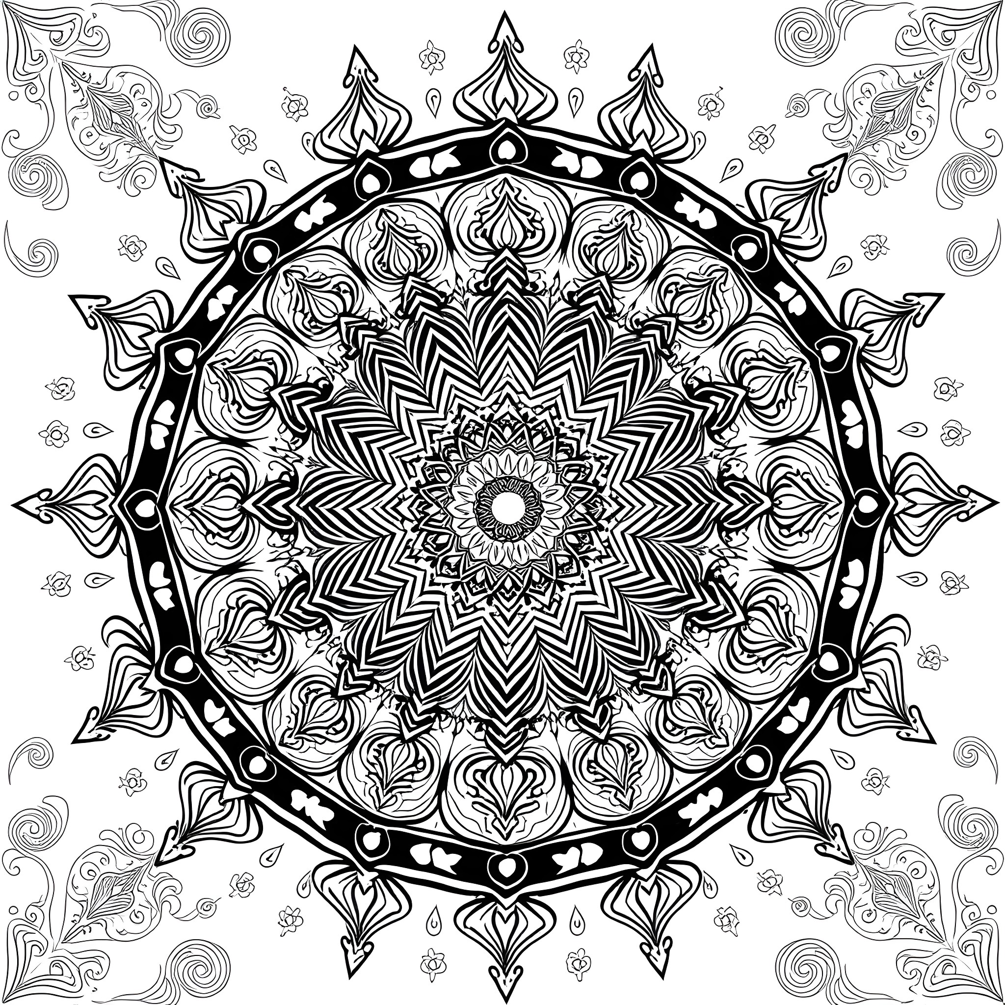 Mandala of intricate patterns and geometric shapes Coloring Page (free black-and-white line drawing printable PDF for all, from beginners to advanced learners, including children, teens, adults, and seniors)