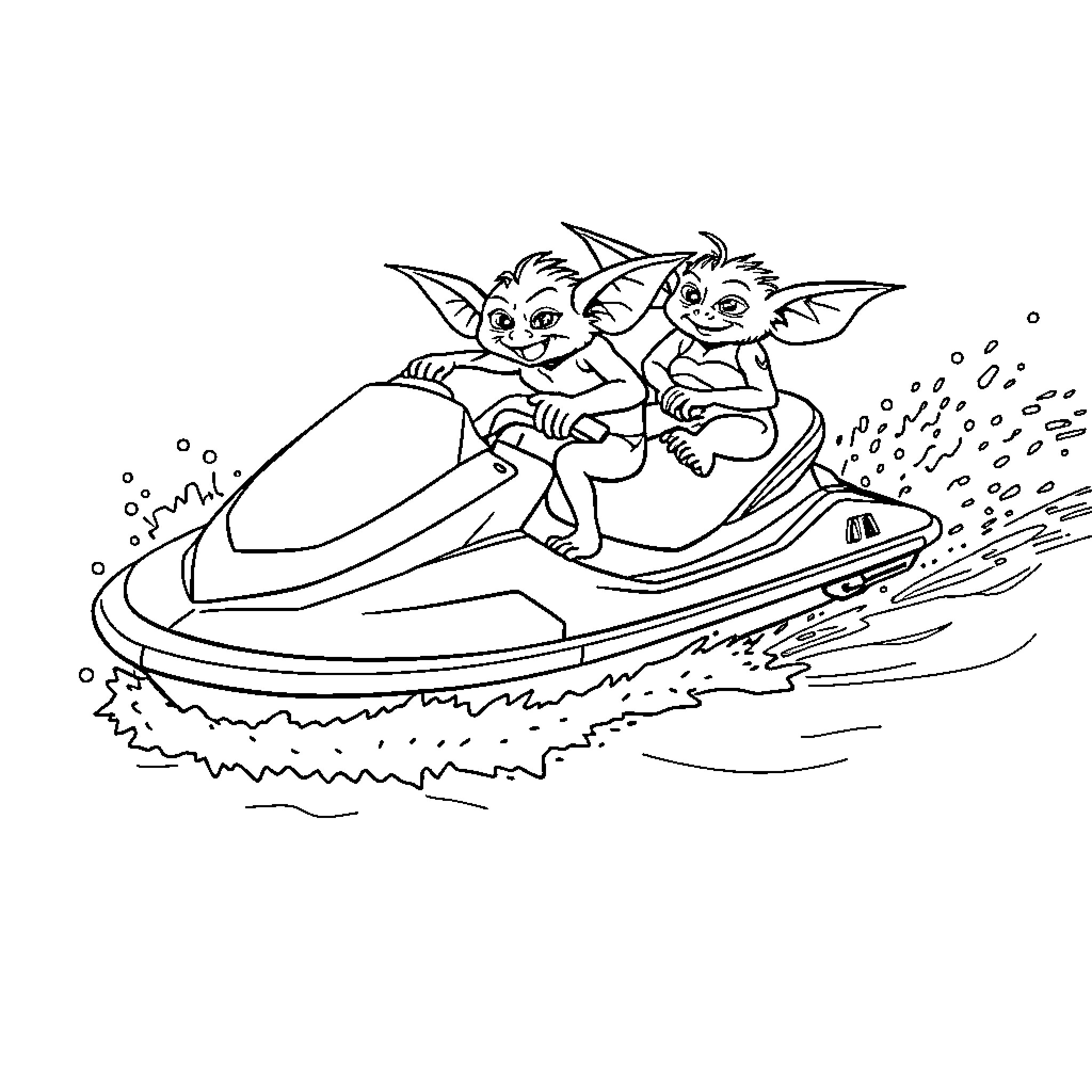 Jet Ski Adventure with Mischievous Creatures Coloring Page (free black-and-white line drawing printable PDF for all, from beginners to advanced learners, including children, teens, adults, and seniors)