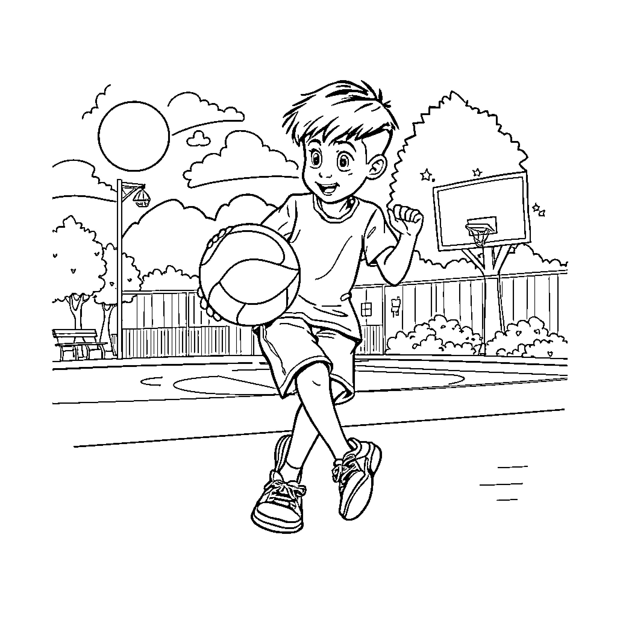 Boy playing with basketball outdoors on sunny day Coloring Page (free black-and-white line drawing printable PDF for all, from beginners to advanced learners, including children, teens, adults, and seniors)