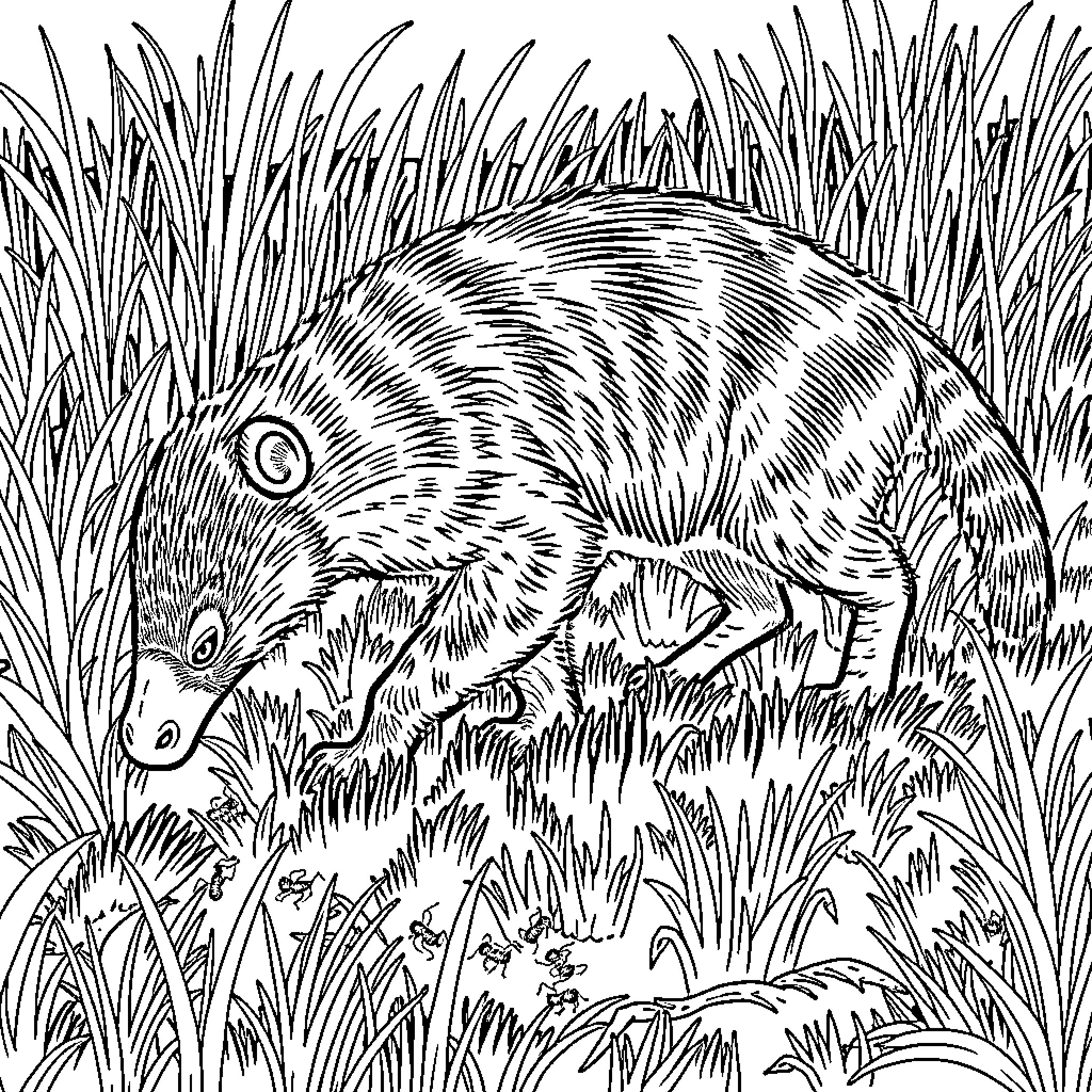 Anteater foraging in tall grass Coloring Page (free black-and-white line drawing printable PDF for all, from beginners to advanced learners, including children, teens, adults, and seniors)